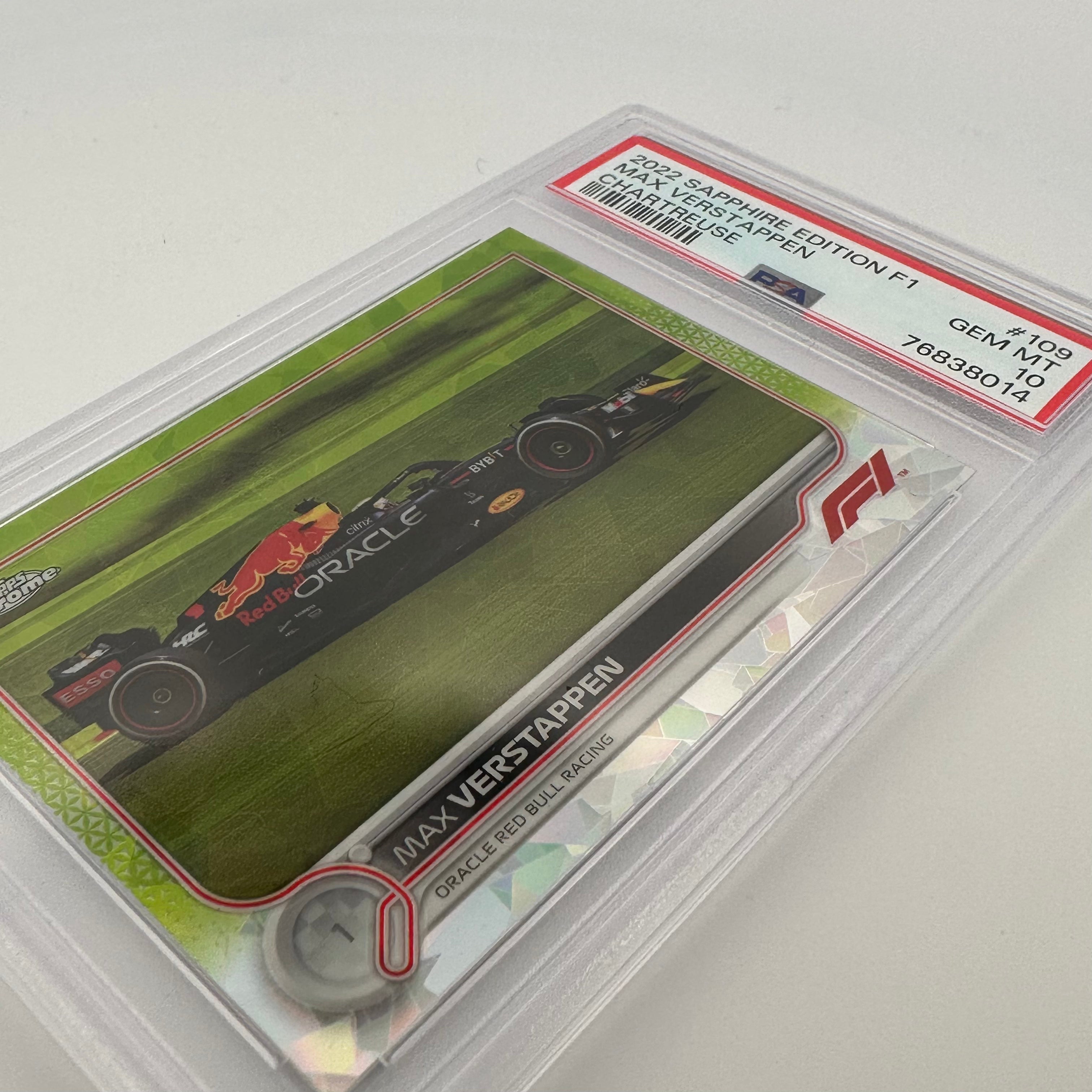 PSA 10 Graded Max Verstappen #109 Sapphire Edition Chartreuse 087/199 - Rare F1 Trading Card for Collectors & Racing Fans - Perfect for Display, Investment & Sports Memorabilia Collections