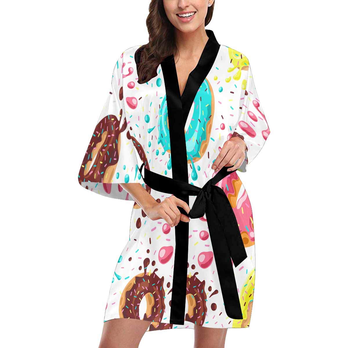 Custom Donut Print Women's Kimono Robe - Chocolate & Lemon Floral Beach Cover Up for Pool, Bridal Shower, Bachelorette Party (XS-2XL) | Lightweight Summer Wedding Guest Outfit & Vacation Loungewear
