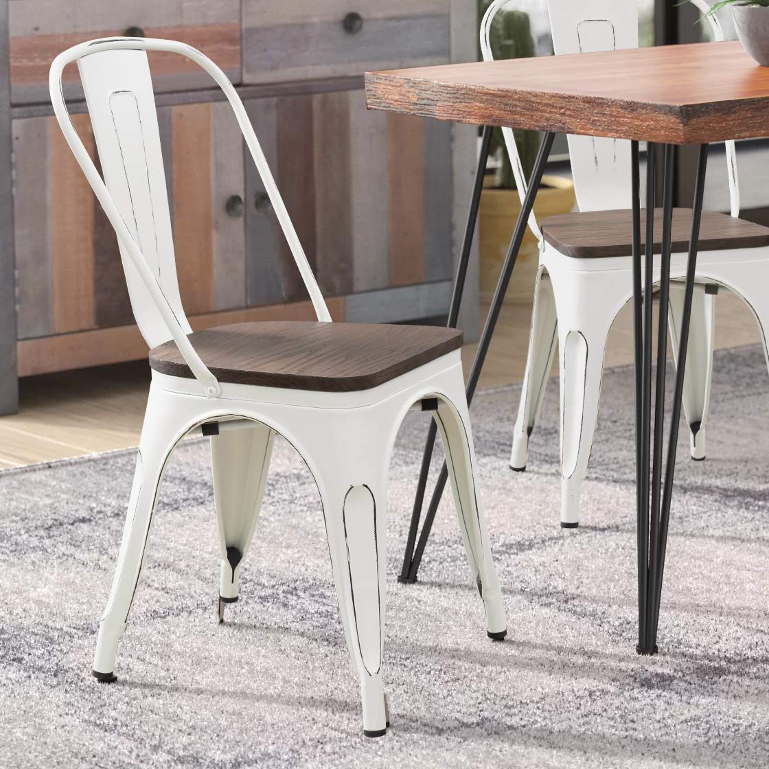 Furniwell 4-Pack Stackable Metal Dining Chairs with Wood Seat - Industrial Tolix Style Indoor/Outdoor Kitchen, Dining Room, Bistro & Cafe Chairs (White) - Perfect for Home, Restaurant and Patio Use