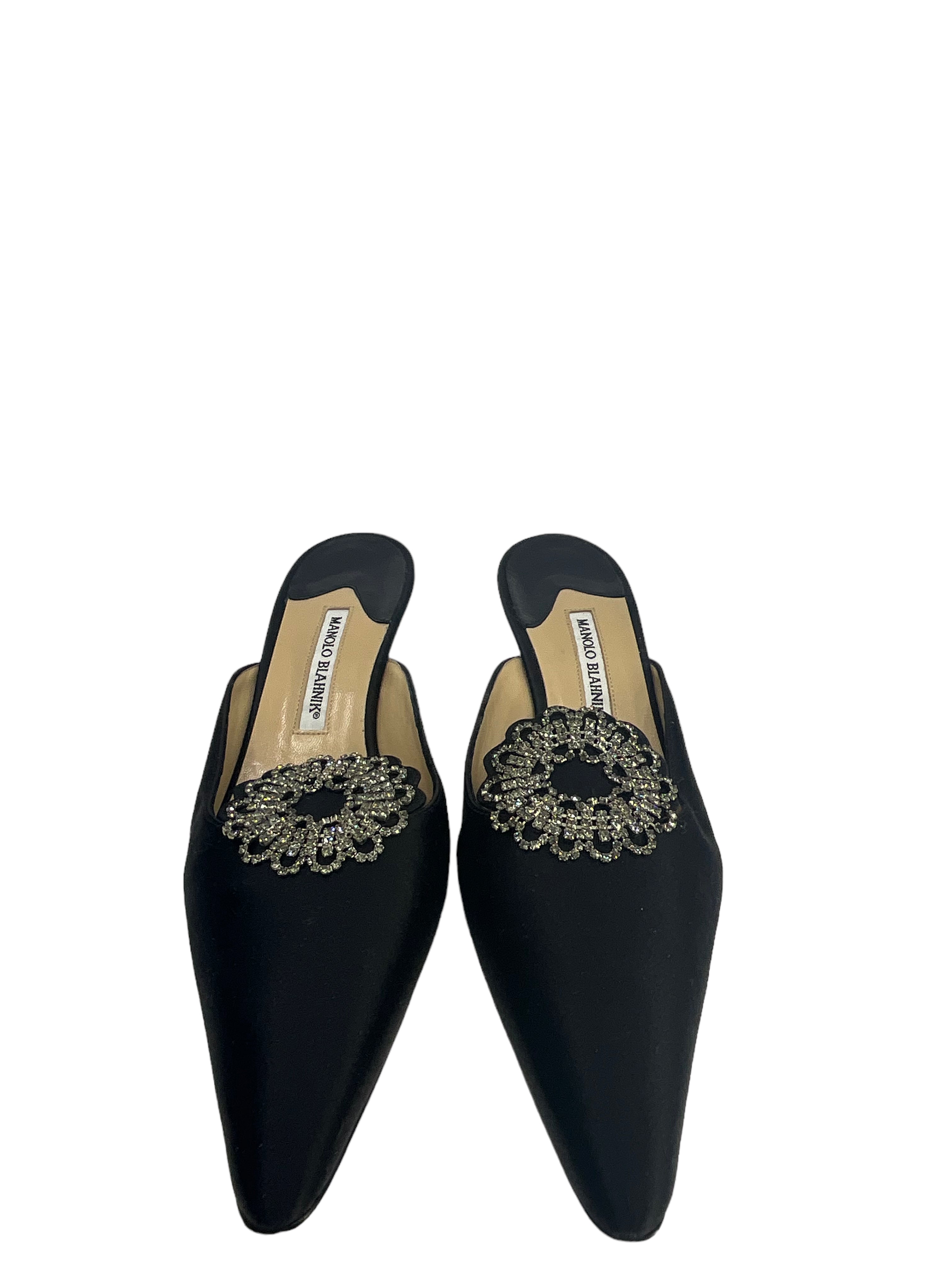 Manolo Blahnik Women's Crystal Embellished Satin Mules Size 11 - Elegant High Heel Slides for Weddings, Parties & Special Occasions