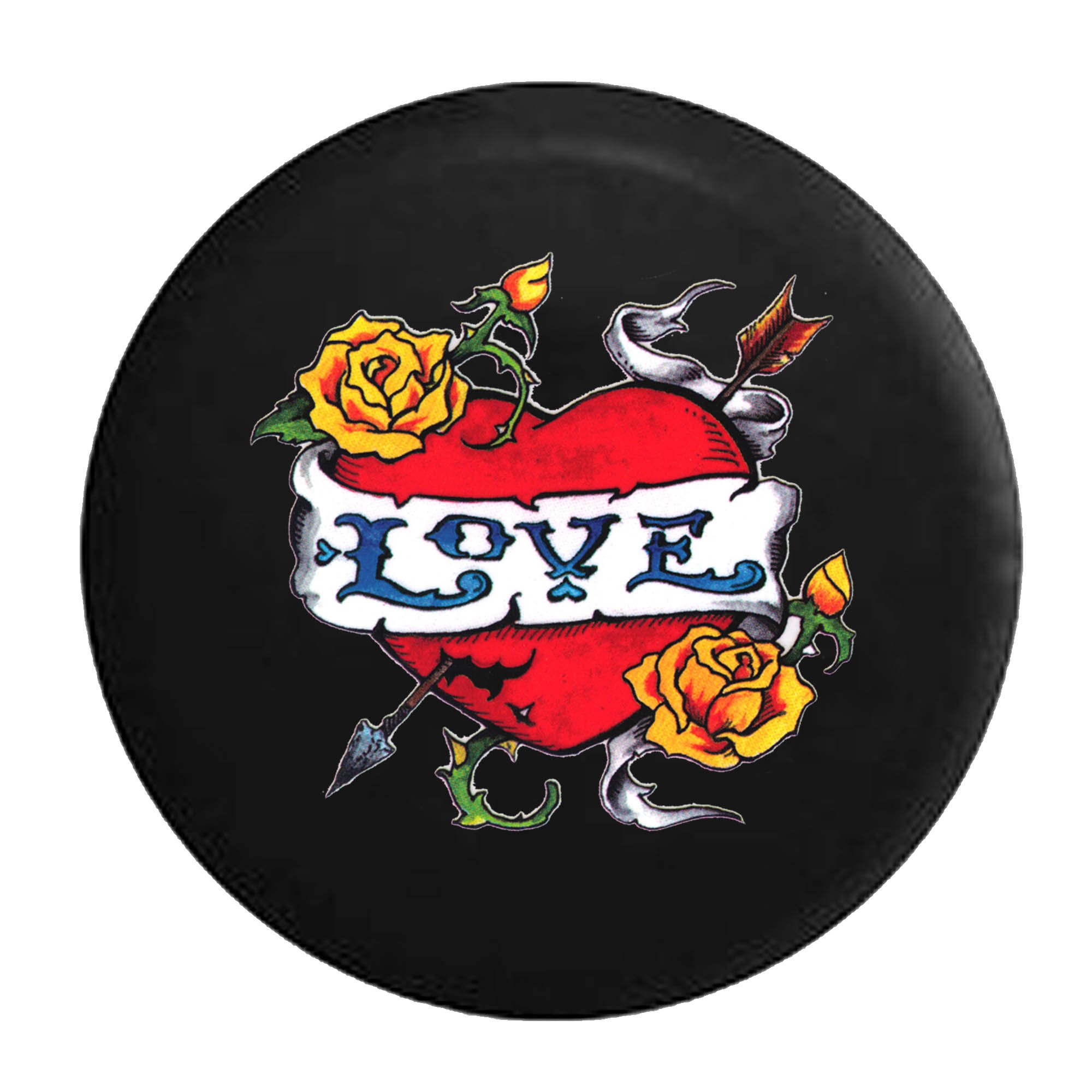 American Unlimited Hardy Love Tattoo Style Heart Roses Arrow & Thorns Spare Tire Cover - Black 31 Inch for Jeep, SUV & Truck Accessories - Perfect for Road Trips & Outdoor Adventures