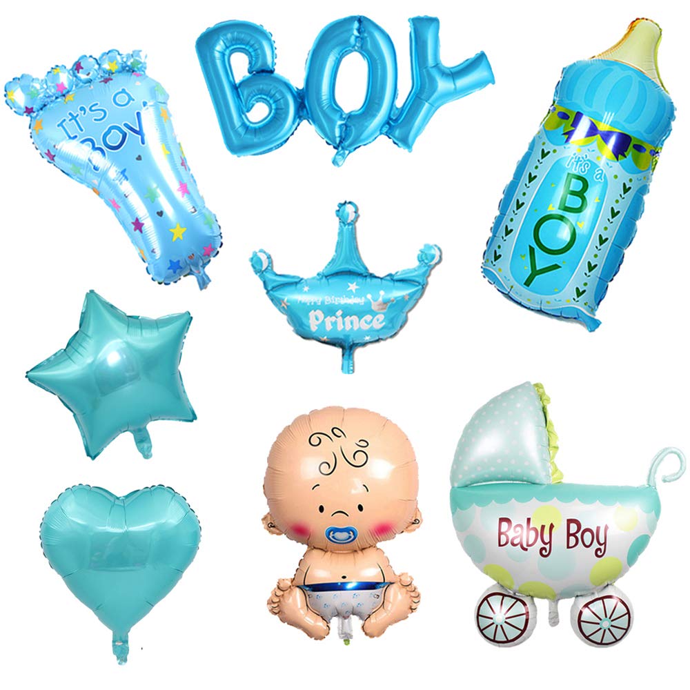 **Ceqiny 8PCS Baby Boy Balloon Set - Aluminum Foil Balloons for Baby Shower, Birthday Party & Gender Reveal - Star, Heart & Crown Mylar Balloons - Perfect for It's a Boy Decorations & Celebrations**    *(Use for baby showers, birthday parties, gender reveal events, nursery decorations, and festive celebrations!)*