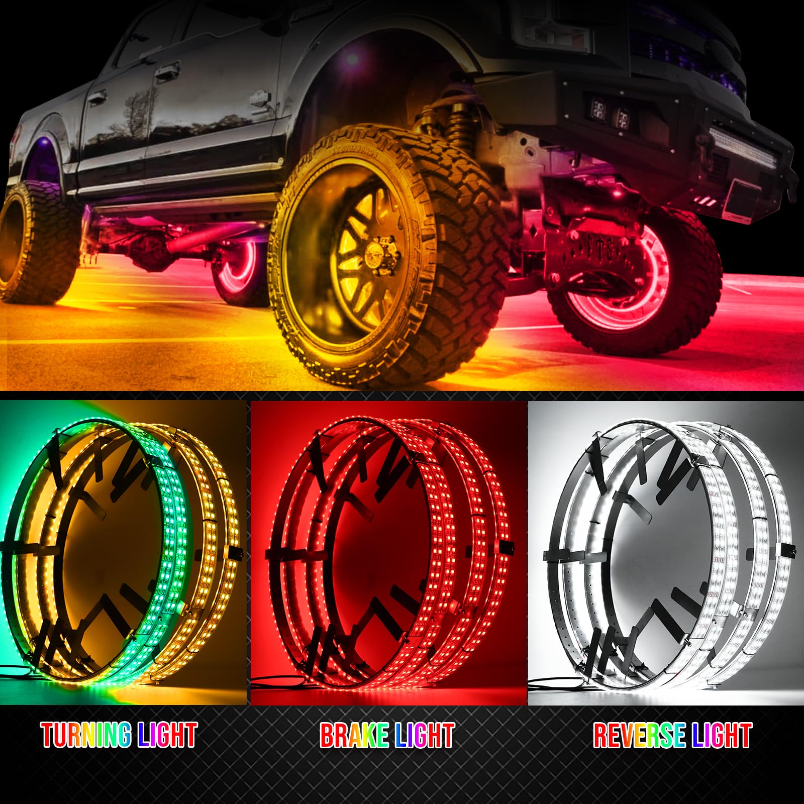 Adjustable 14-18 Inch 2-Rows RGBW LED Wheel Ring Lights with Switch - Color Changing Rim Lights for Trucks, Pickups, SUVs & Off-Road Vehicles (4 Wheels) - Perfect for Night Driving, Car Shows & Off-Road Adventures