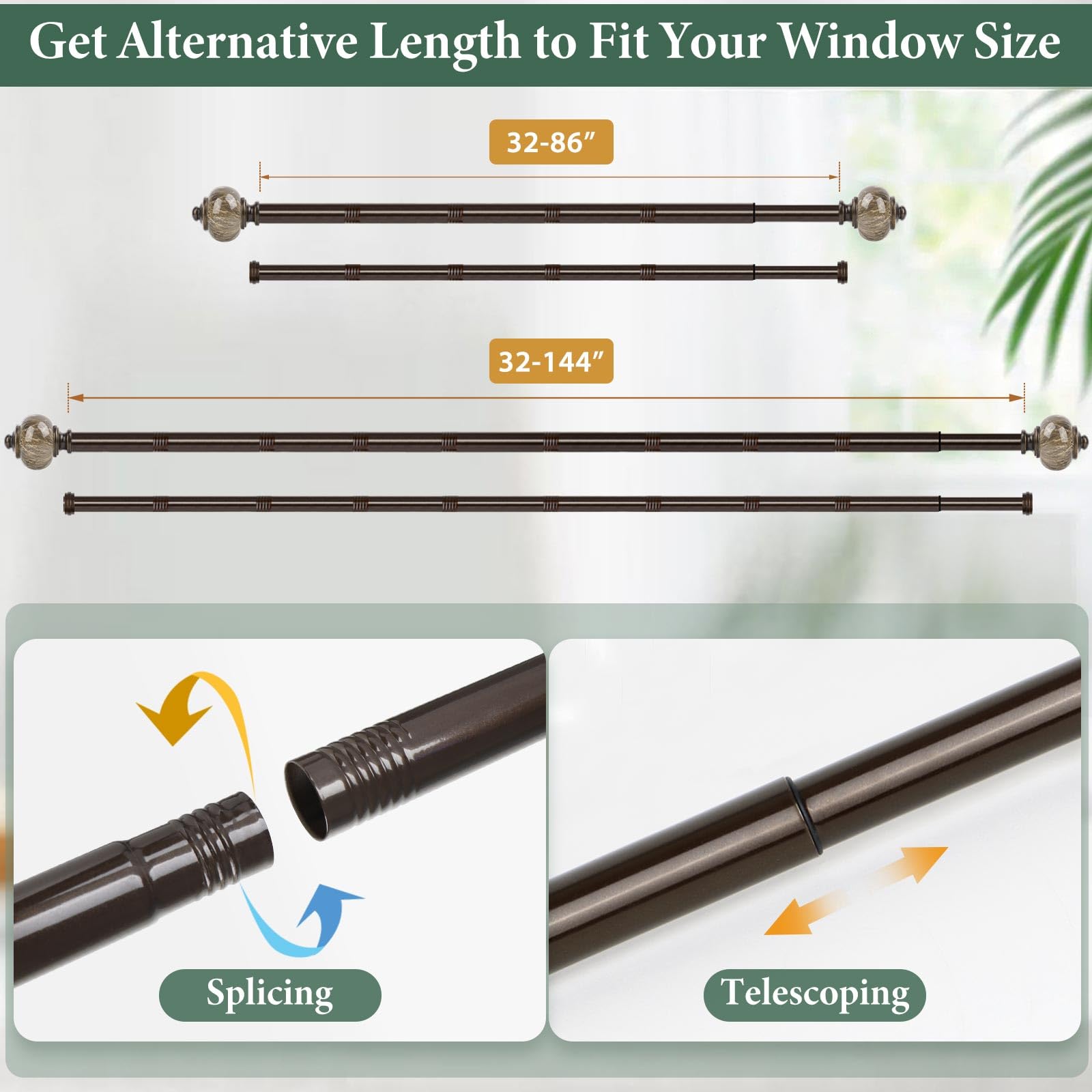 KAMANINA Bronze Telescoping Curtain Rod 66-144 Inches (2.6-12ft) - 1 Inch Decorative Window Drapery Rod with Marbled Finials - Perfect for Living Room, Bedroom & Home Decor