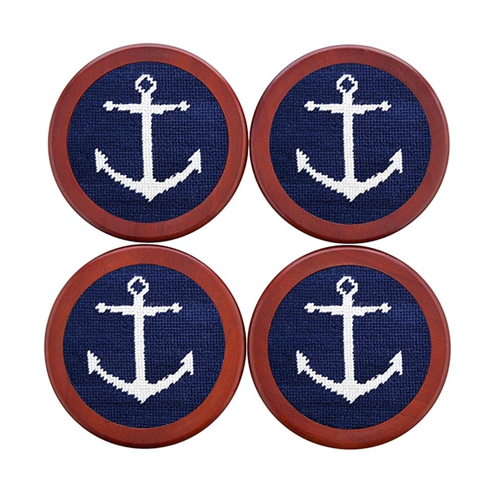 Premium Smathers & Branson Anchor Needlepoint Coasters - Handcrafted Nautical Drink Coasters for Home Bar, Yacht, and Coastal Decor - Perfect for Protecting Tables from Water Rings