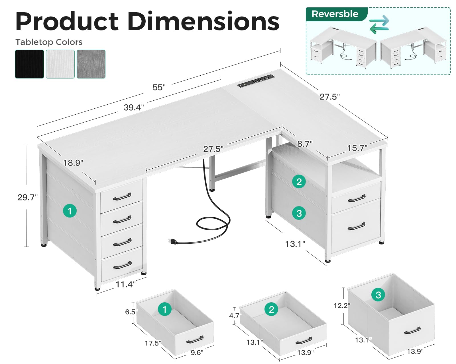Coleshome 55 Inch L-Shaped Computer Desk with 6 Drawers, Power Outlet & Reversible Storage Shelf - Home Office Corner Desk with File Drawer in White | Perfect for Small Spaces, Gaming Setup & Remote Work