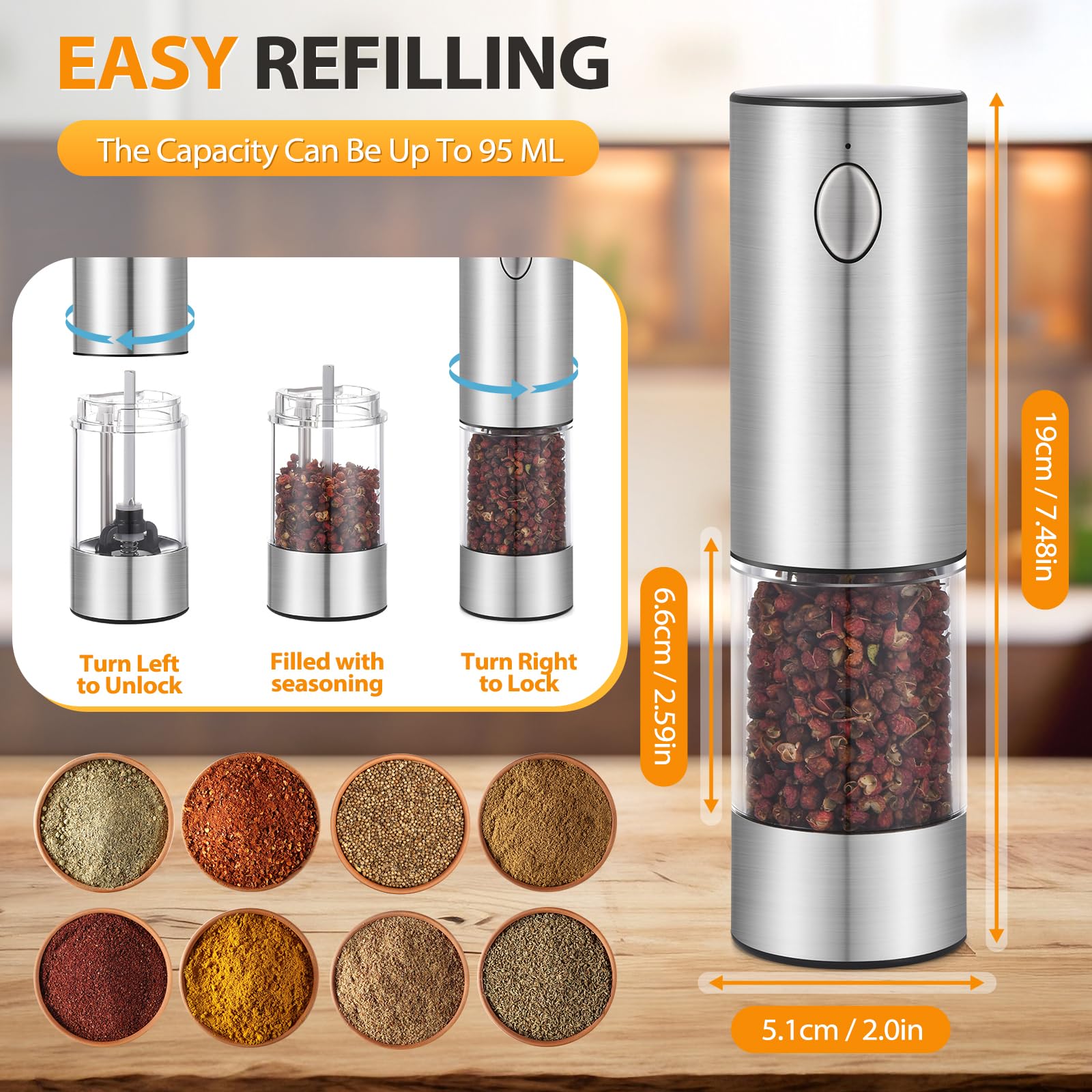 Upgraded Rechargeable Electric Salt and Pepper Grinder Set - 2 Pack Stainless Steel Mills with LED Light, Adjustable Coarseness & One-Hand Operation - Large Capacity Spice Grinders with Storage Base - Perfect for Kitchen, Dining Table, Camping & Gifts (Silver)