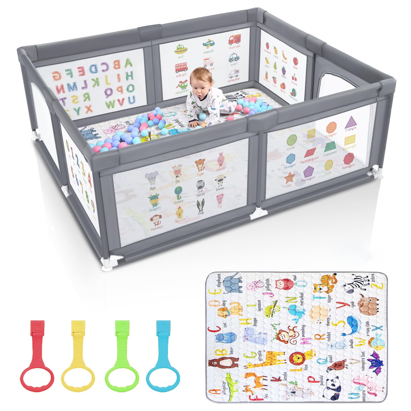 Premium Baby Playpen with Soft Mat - 71x60 Inches Extra Large Play Yard for Infants & Toddlers | Indoor & Outdoor Safety Playpen with Gate Prints | Perfect for Playtime, Nap Time & Travel