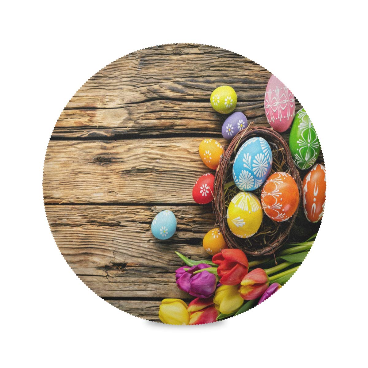 Blueangle Easter Eggs and Tulips Wooden Round Placemats Set of 6 - Spring Table Decor for Kitchen Dining, Easter Party & Holiday Home Decoration