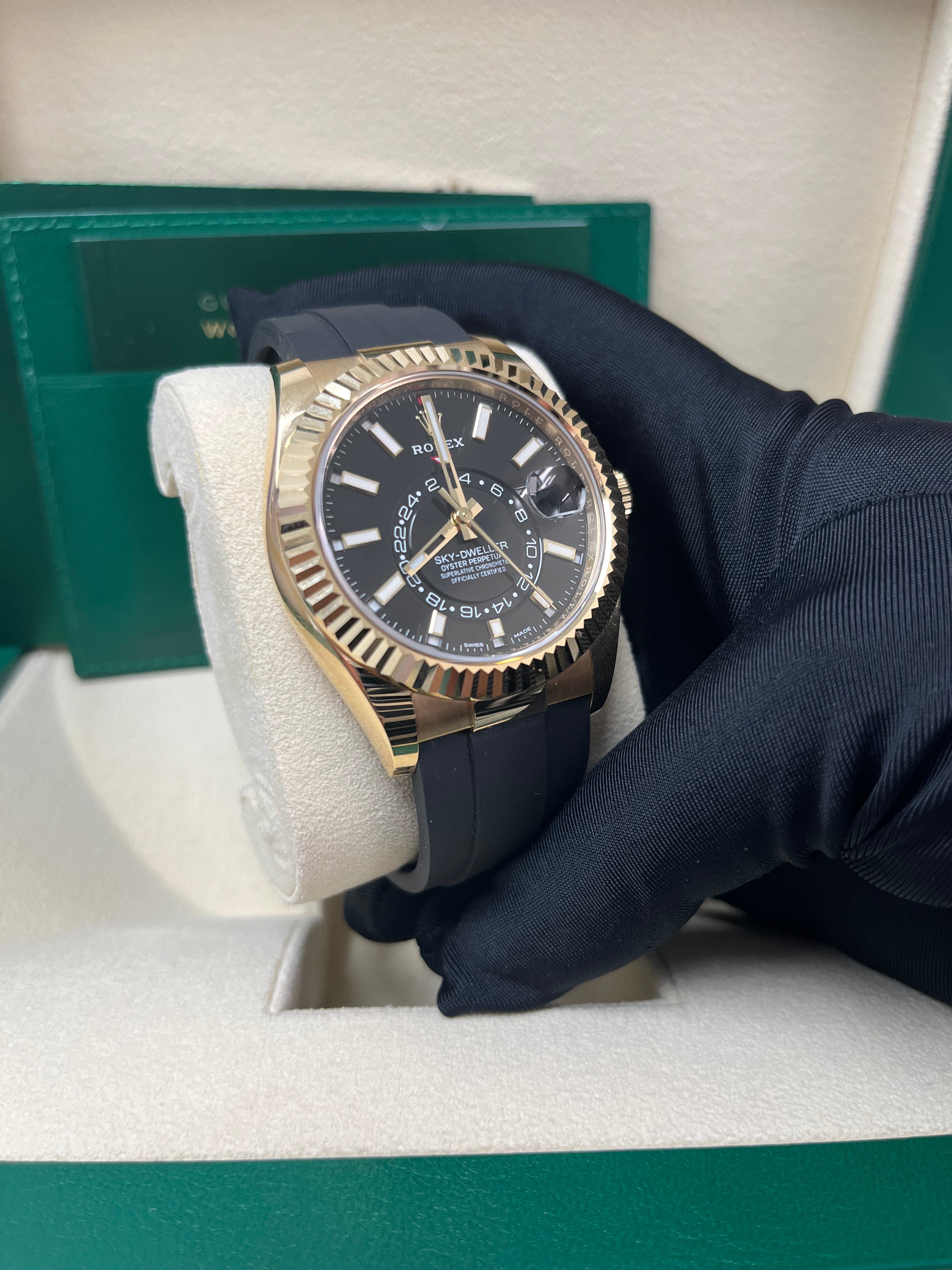 Rolex Sky-Dweller 18K Yellow Gold Watch with Black Index Dial & Oysterflex Bracelet (Ref# 326238) - Luxury Timepiece for Business Travelers & Watch Collectors