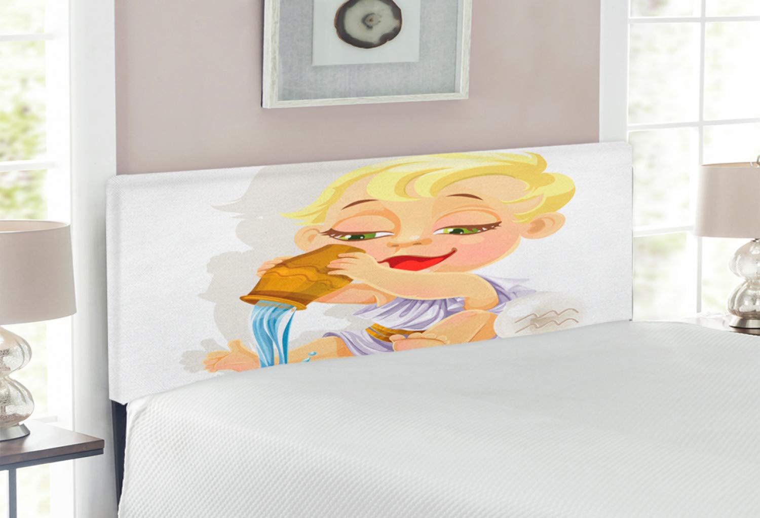 Ambesonne Astrology Headboard - Aquarius Zodiac Design with Water Bowl, Saturn Planets & Stars, Upholstered Metal Bed Frame with Memory Foam (Full Size, Multicolor) - Perfect for Bedroom Decor & Zodiac Lovers