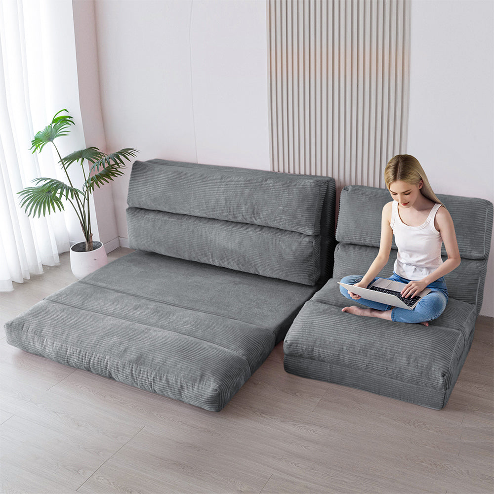 MAXYOYO Corduroy Bean Bag Folding Sofa Bed - Extra Wide Convertible Floor Mattress for Living Room, Bedroom & Guest Room (Grey)
