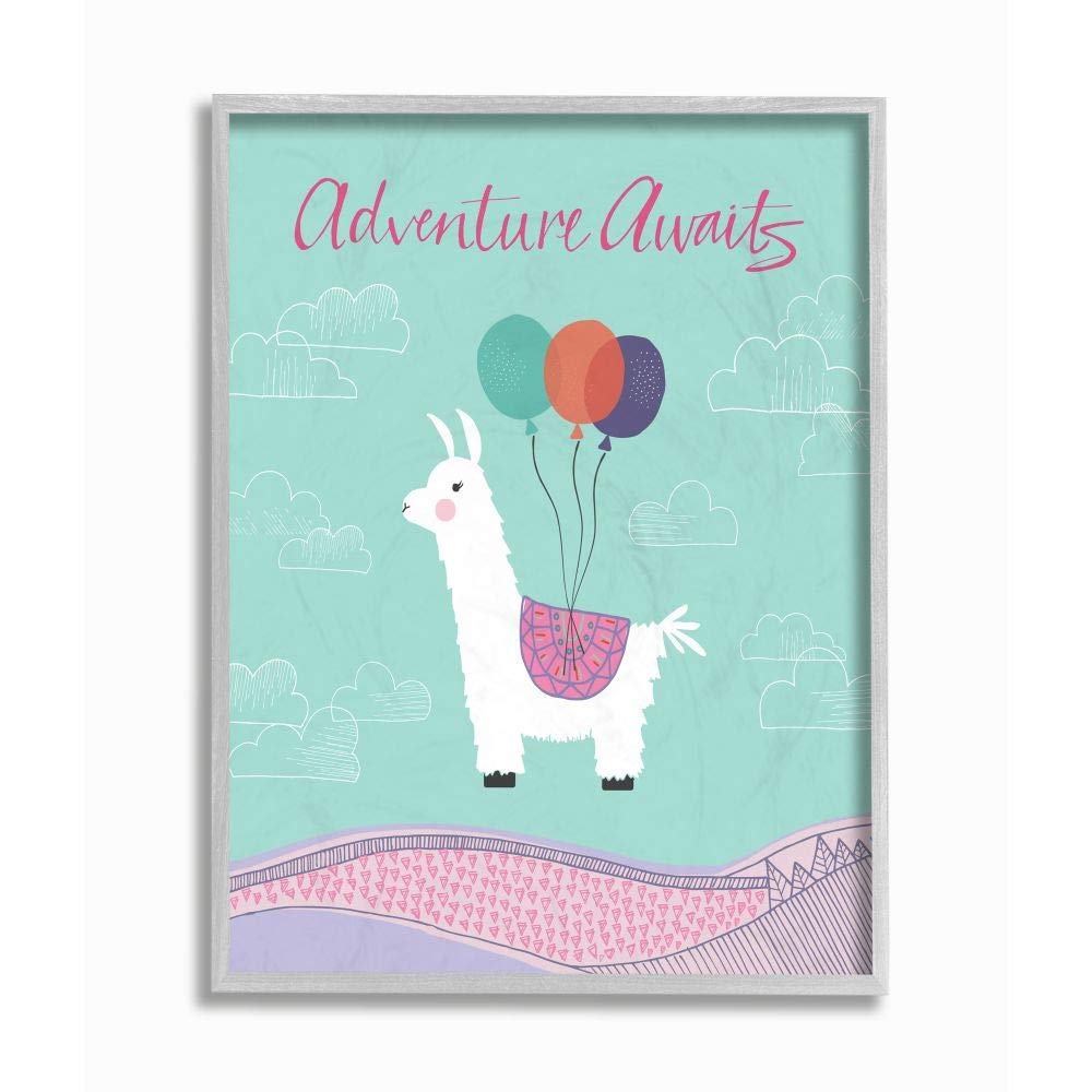 Stupell Industries 'Adventure Awaits' Llama with Balloons Grey Framed Wall Art - 11x14 Inches - Designed by Border Bloom - Perfect for Nursery, Kids Room & Boho Home Decor
