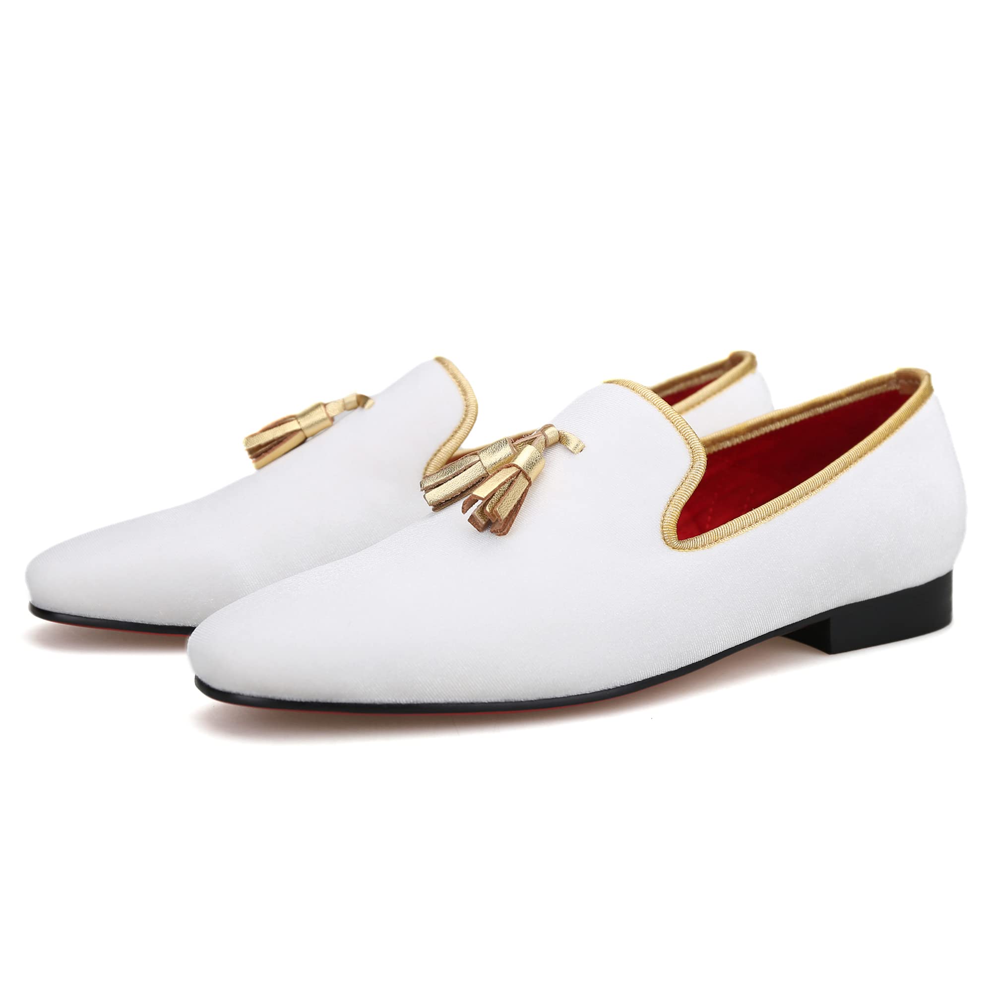 FERUCCI Men's White Velvet Loafers with Gold Tassel - Square Toe Formal Slippers for Wedding, Prom & Special Occasions - Comfortable Dress Shoes for Evening Events & Parties