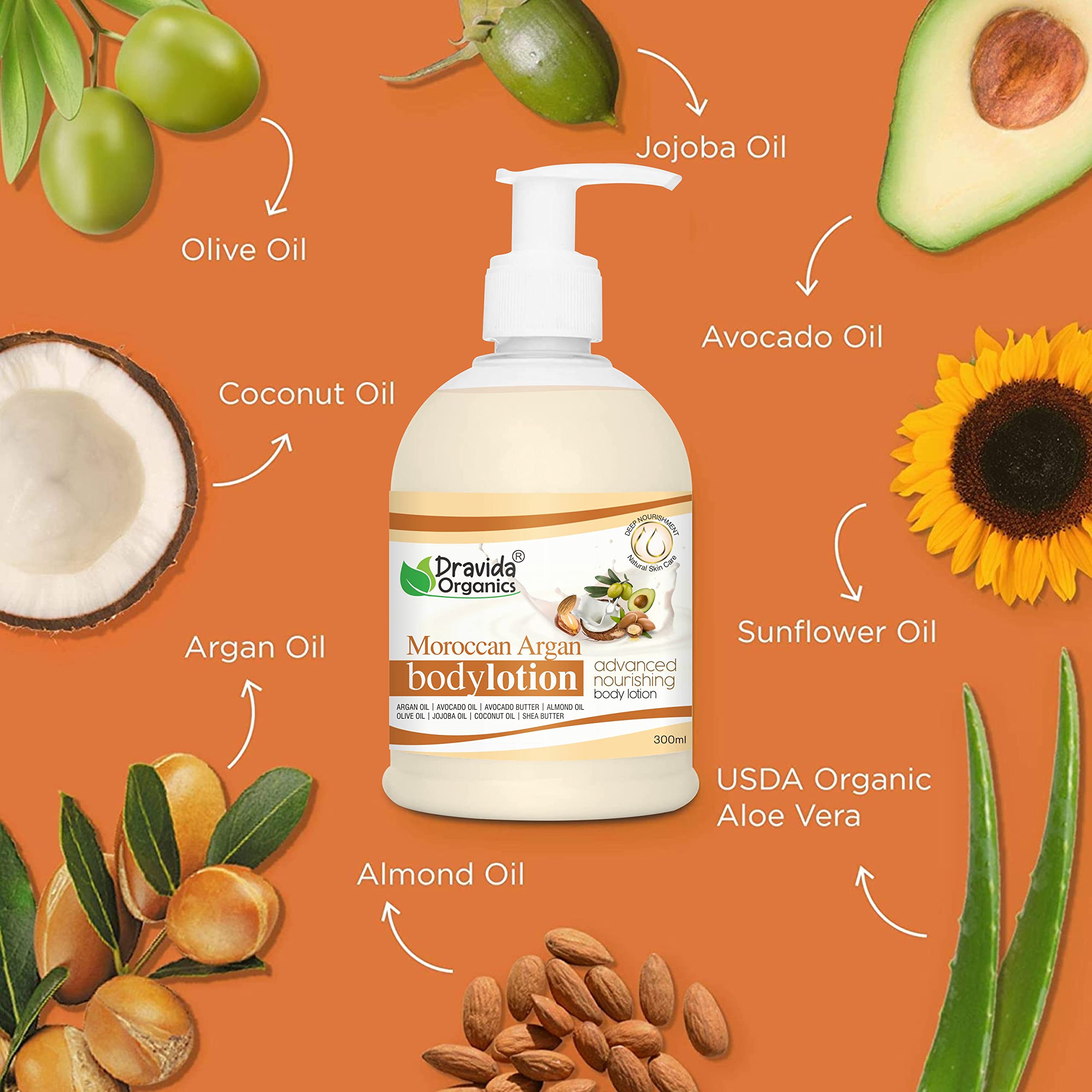 Dravida Organics Moisturizing Body Lotion with Argan Oil & Avocado Oil - 300ml for Dry, Sensitive & All Skin Types | Hydrating & Nourishing Skin Care for Daily Use & After Shower