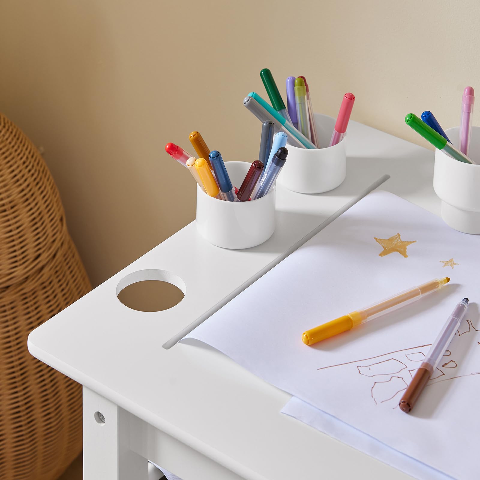 2 in 1 Kids Table and Chair Set with Paper Roller & Storage - White Art Desk for Painting, Drawing, Crafts & Homework | Perfect for Playrooms, Daycares & Homeschooling