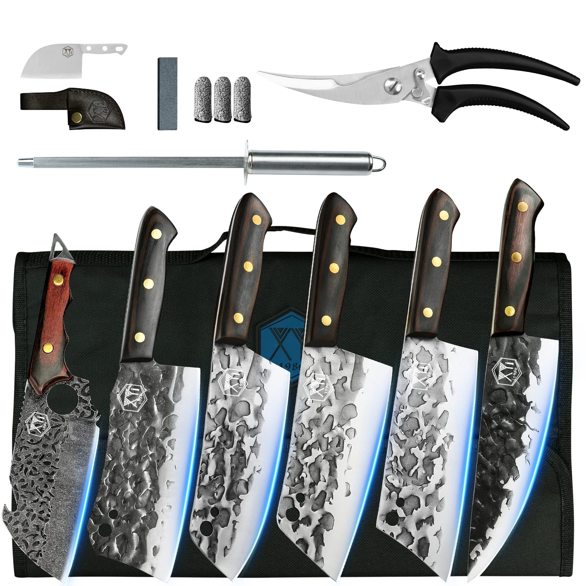 XYJ 6-Piece Premium Camping Knife Set with Roll Bag - High Carbon Steel Chef Knives, Scissors & Meat Cleaver for Outdoor Cooking | Perfect for Camping, Hiking & BBQ