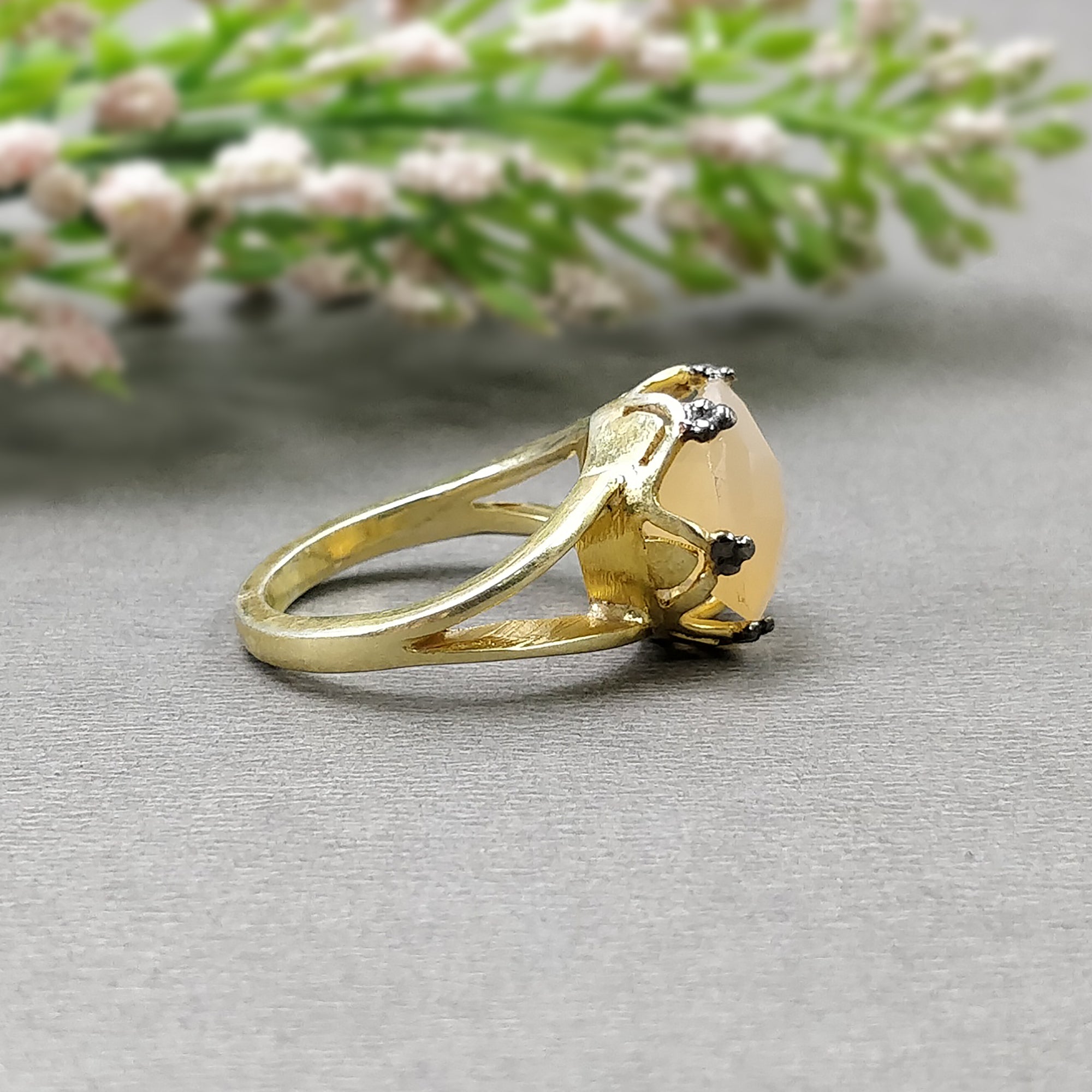 925 Sterling Silver Ring with Natural Yellow Moonstone - Round Checker Cut Prong Set Gold Plated Statement Ring Size 7US | Elegant Jewelry for Women, Perfect for Weddings, Parties & Everyday Wear