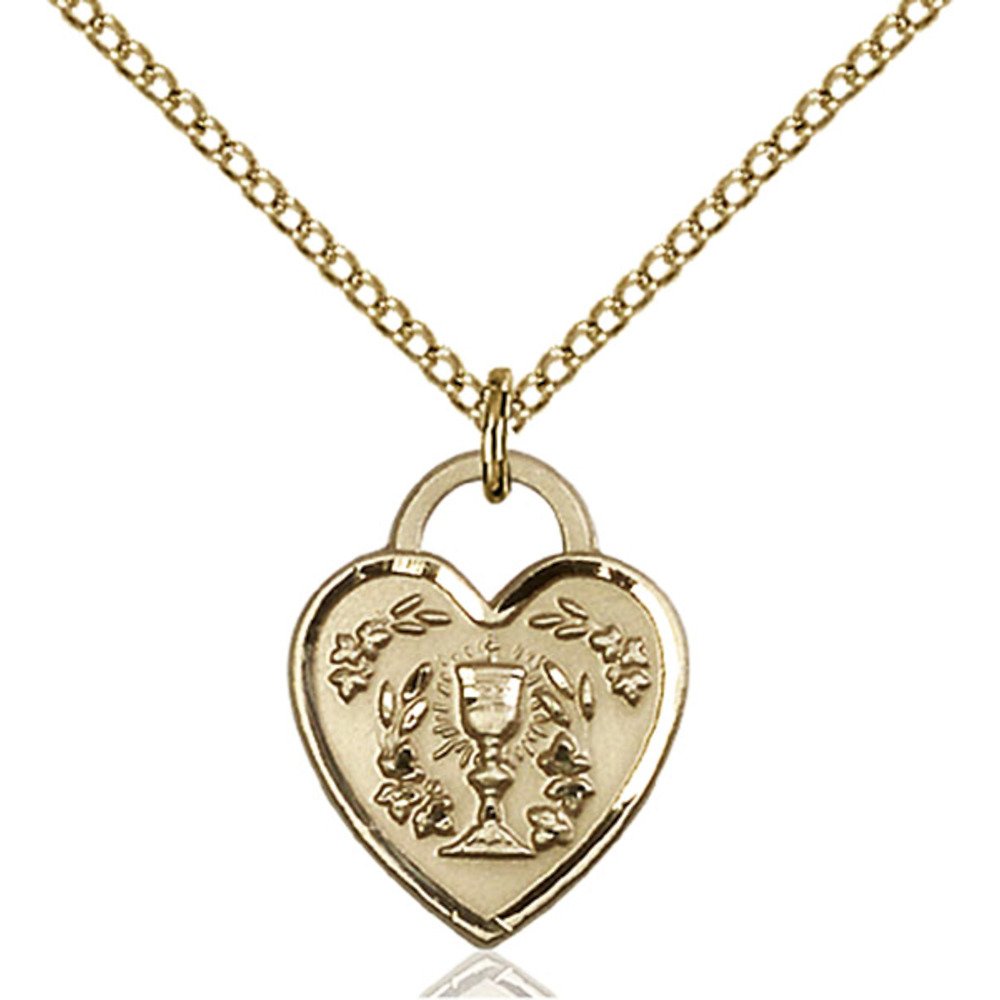 Custom Engraved Gold Filled Communion Heart Pendant Necklace - 5/8 x 1/2 Inches with Gold Filled Lite Curb Chain - Perfect for Baptism, First Communion & Religious Gifts
