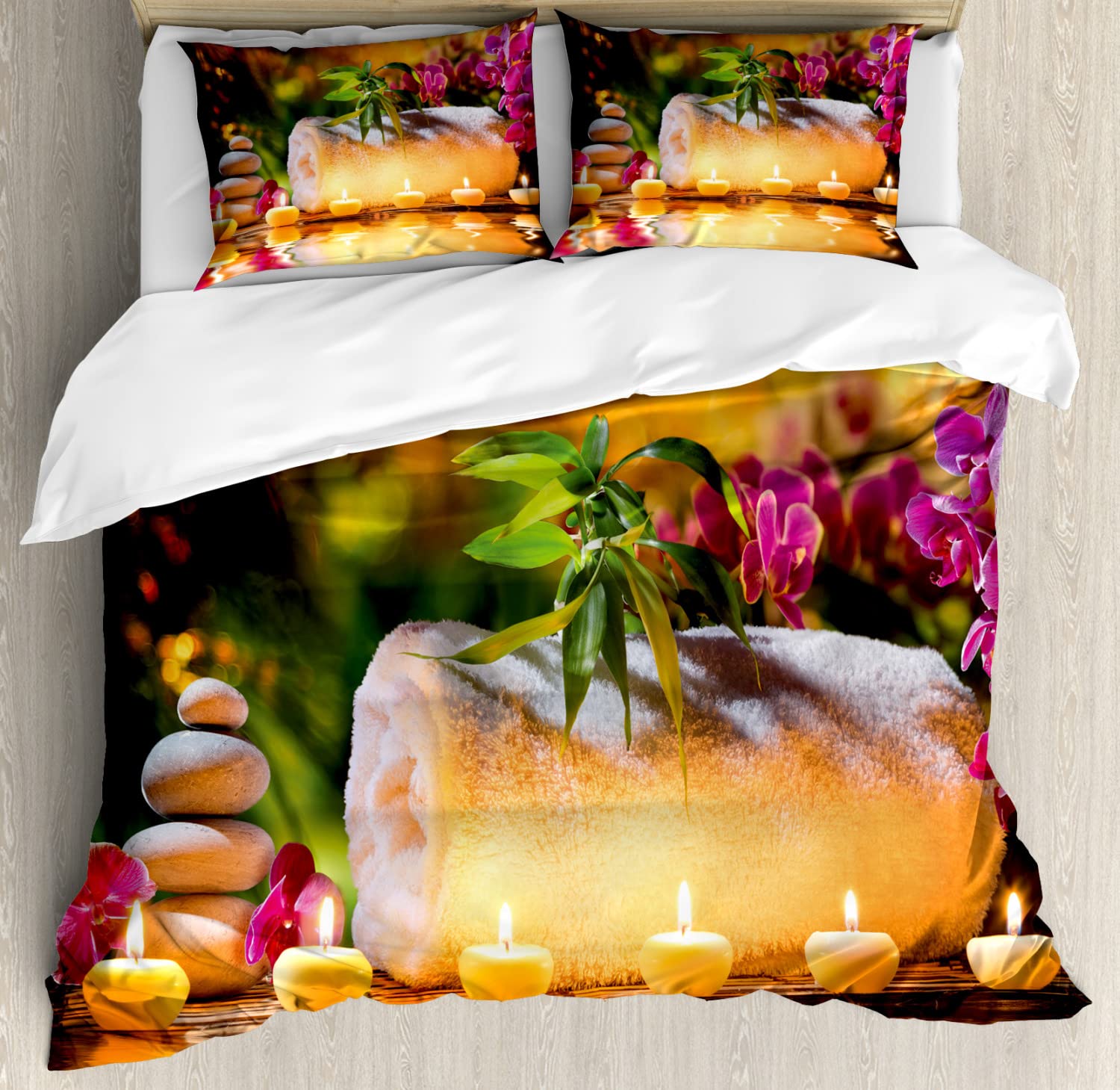 Ambesonne Luxury King Size Duvet Cover Set - 2 Pack Floral Garden Design with Orchids & Candles, Purple White Green Bedding Set Includes 2 Duvet Covers & 4 Pillowcases | Spa Home Decor for Master Bedroom, Guest Room & Hotel Styling