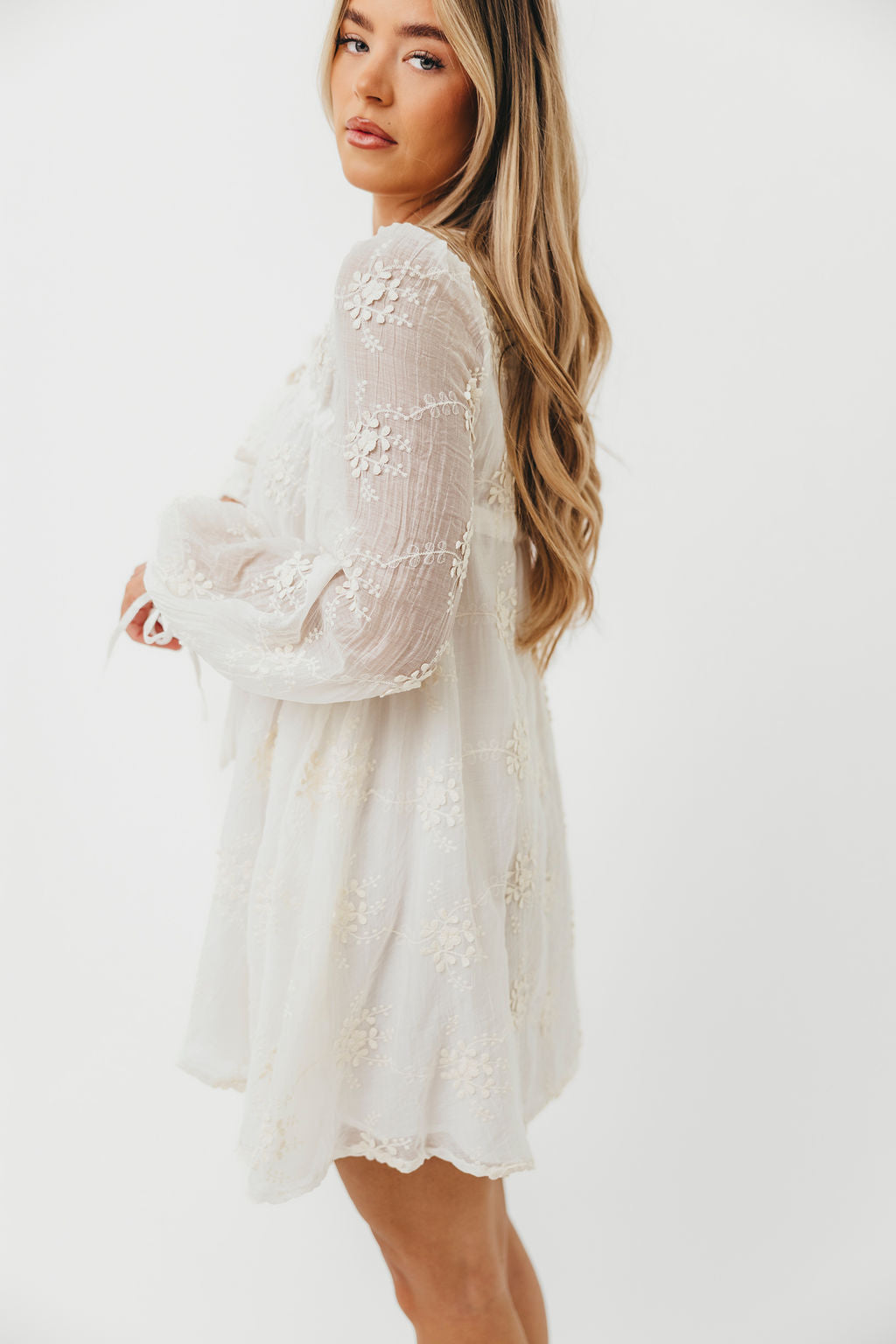 Erika Embroidered Long Sleeve Mini Dress in Ivory - Elegant Floral Lace Party Dress for Women, Perfect for Weddings, Cocktail Parties & Date Nights