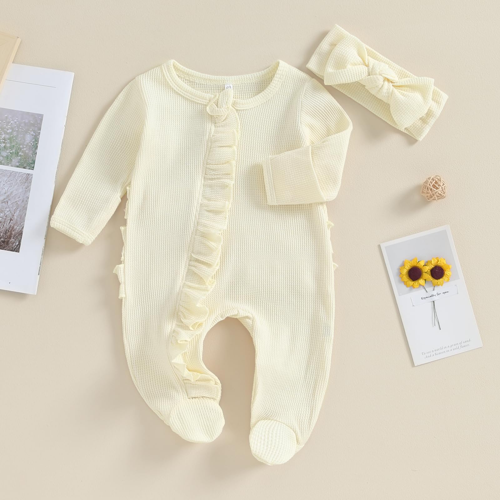 FYBITBO Baby Girl Waffle Knit Romper - Soft Ruffle Jumpsuit with Zipper, Newborn Onesie Outfit for Coming Home, Photo Shoots & Daily Wear (0-24 Months)