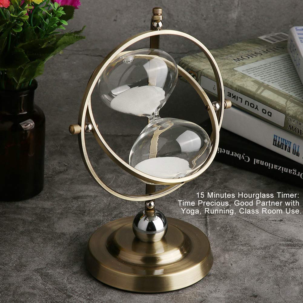 15-Minute Gold Metal Rotating Hourglass Timer - Classic Sand Glass Clock for Wine Sobering, Meditation & Productivity | Perfect for Living Room, Bedroom & Office Decor | Unique Gift for Halloween, Christmas & Valentine's Day (10.23 x 7.48 Inches)