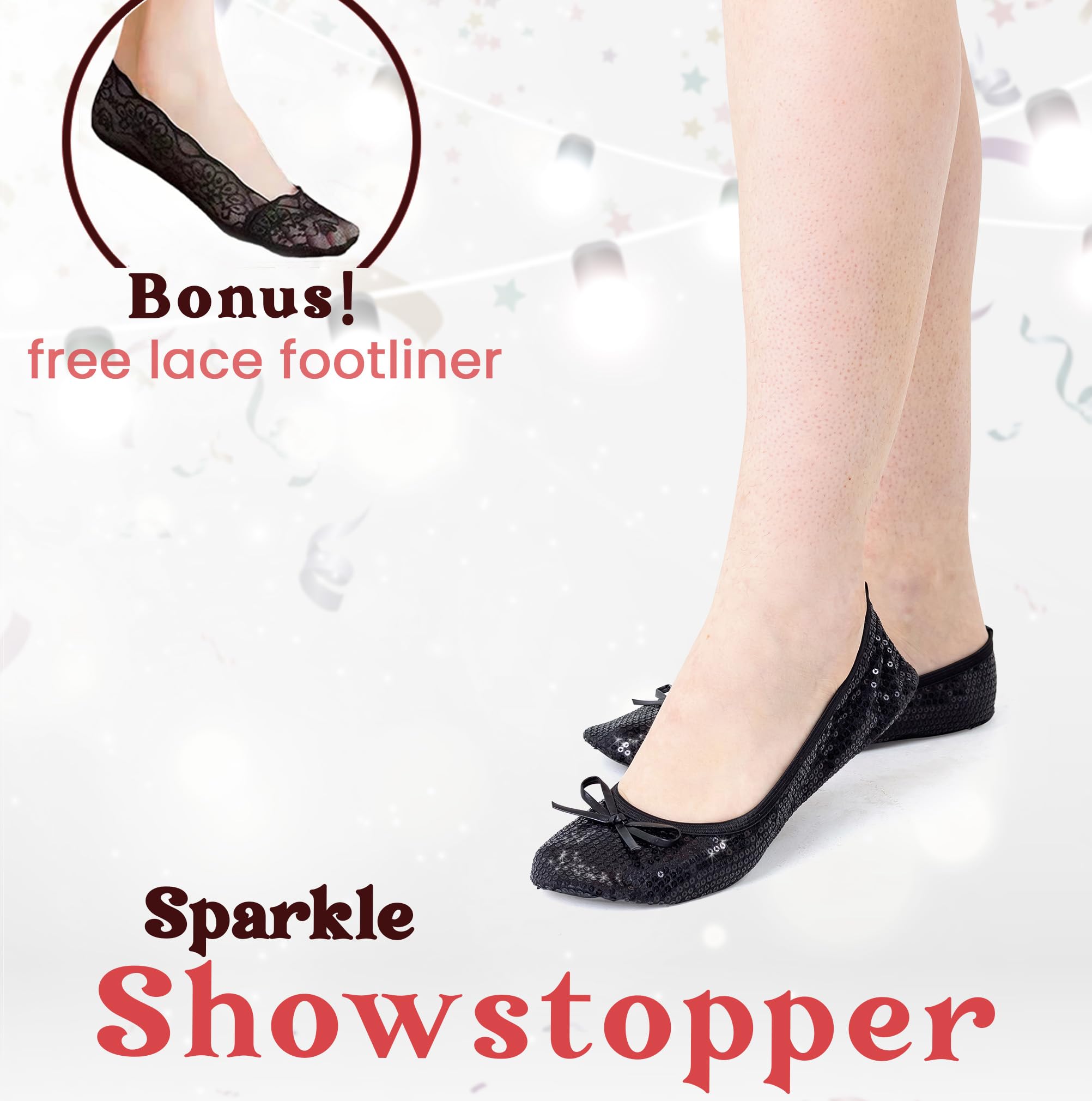 Silky Toes Women's Foldable Sequin Ballet Flats - Roll Up Dressy Slipper Shoes with Matching Carrying Pouch | Perfect for Parties, Weddings & Travel