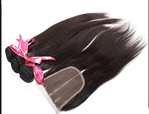 DaJun Hair 7A Grade 3-Part 4x4 Lace Closure with Premium Peruvian Remy Human Hair Weave Bundles - 4 Piece Set in Natural Straight & Natural Color | Perfect for Protective Styles, Sew-In Weaves & Everyday Wear