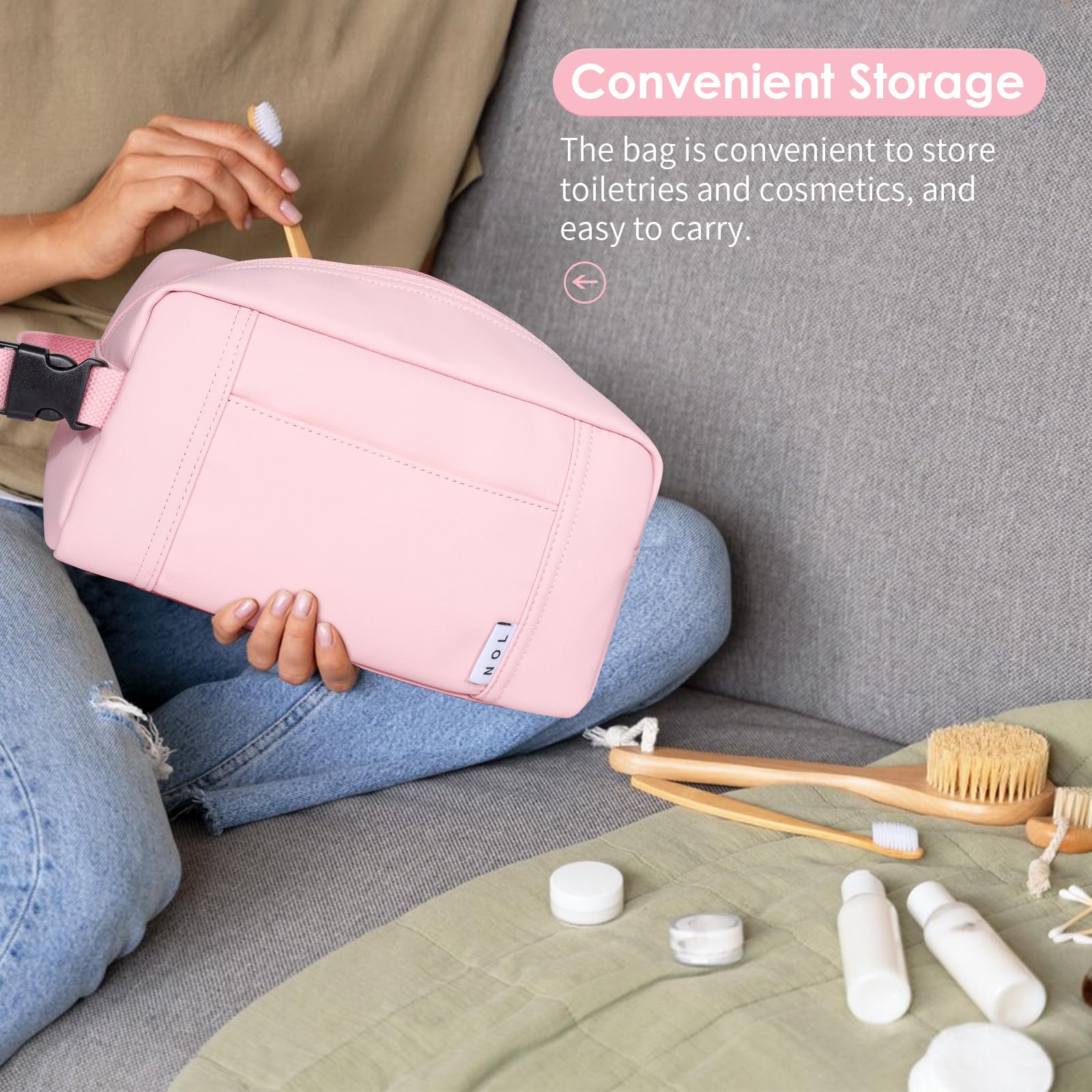 NOL Natural Organic Lifestyle Waterproof Nylon Makeup Bag - Lightweight Travel Toiletry Organizer for Women & Men | Reusable Cosmetic Pouch with Zip Closure & Buckle Handle | Perfect for Travel, Gym, Beach & Daily Use | Pink
