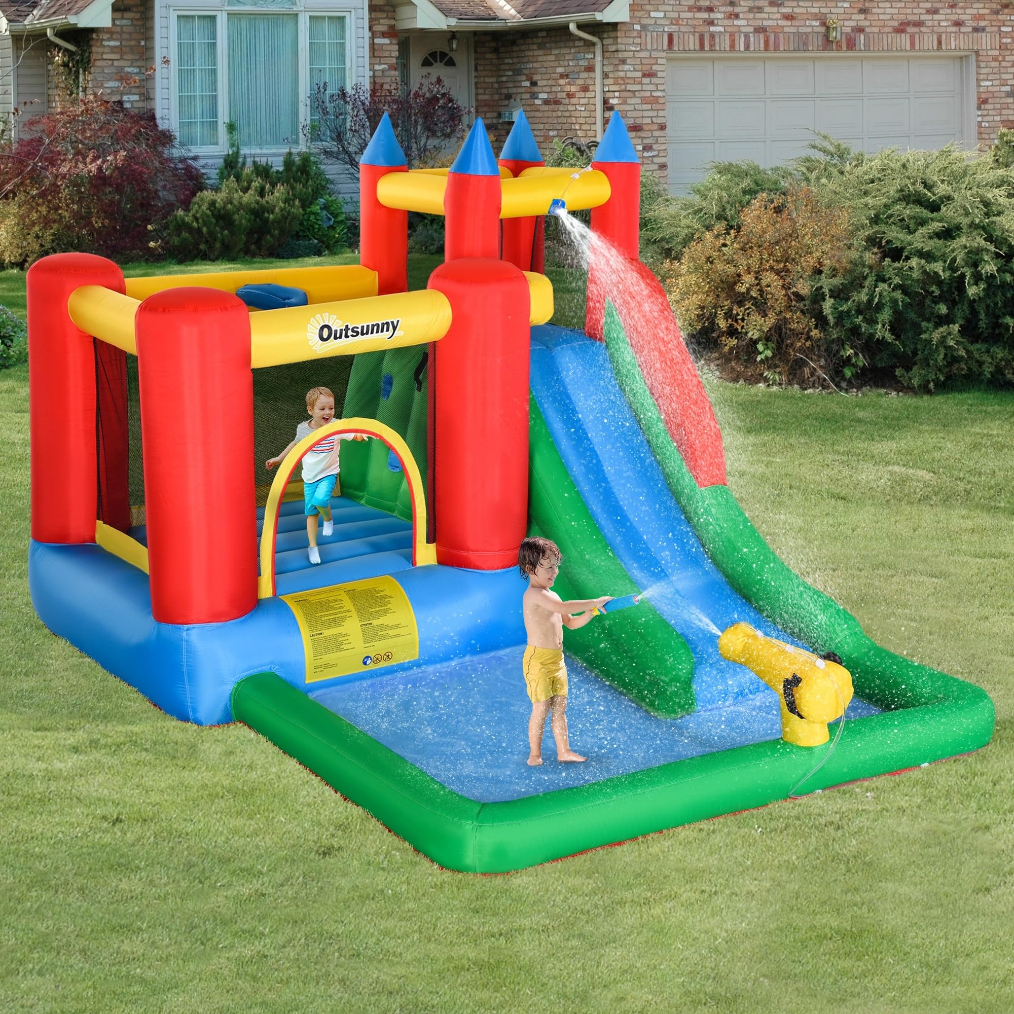 Outsunny 6-in-1 Inflatable Bounce House with Water Slide, Pool, Water Cannon & Climbing Wall - Kids Outdoor Water Play Toy for Backyard, Birthday Parties & Summer Fun - Includes Air Blower & Repair Kit