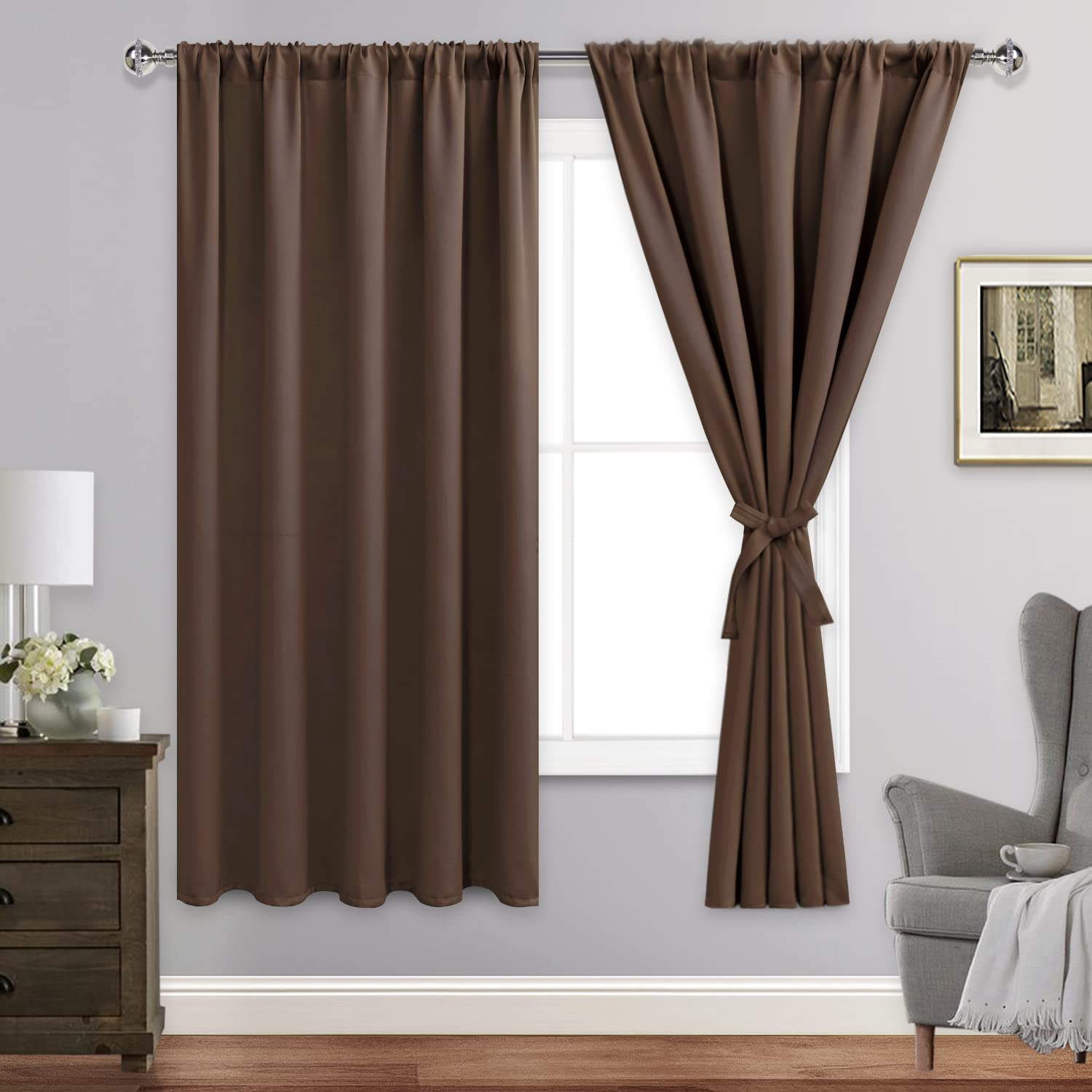 Blackout Curtains for Bedroom - Thermal Insulated Room Darkening Noise Reducing Window Drapes, 60 x 63 Inch Set of 2 Panels with Tiebacks, Khaki - Perfect for Living Room, Nursery & Home Theater
