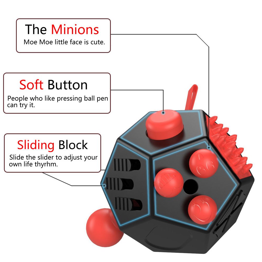 12-Sided Fidget Cube Stress Relief Toy for Anxiety & ADHD - Sensory Therapy for Autism, OCD, ADD - Calming Desk Toy for Kids & Adults (Black/Red) - Perfect for Office, School & Travel Stress Management