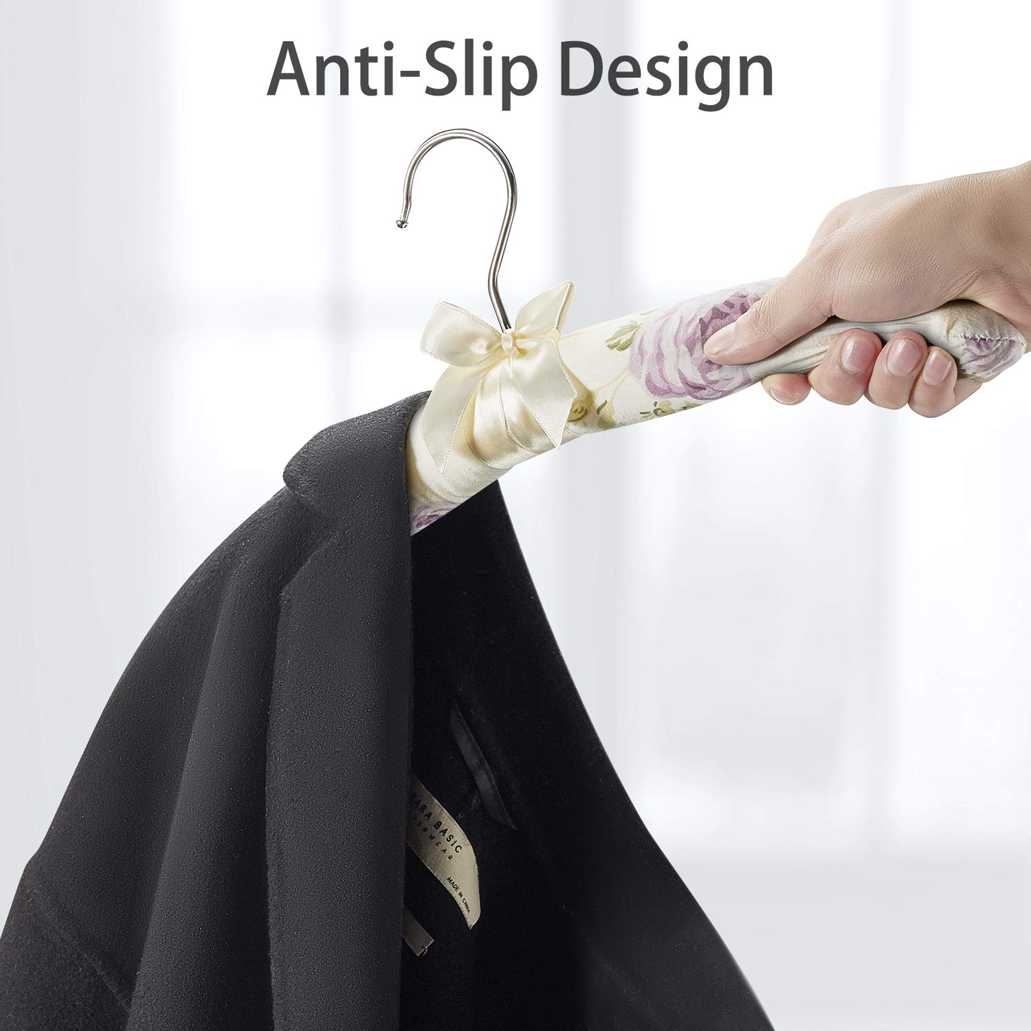 GLCON 5-Pack Satin Padded Hangers for Women - No Bump Non-Slip Shoulder Protection - Floral & Silky Clothes Hangers for Sweaters, Dresses, Wedding & Special Occasions - Perfect for Closet Organization & Delicate Garment Care