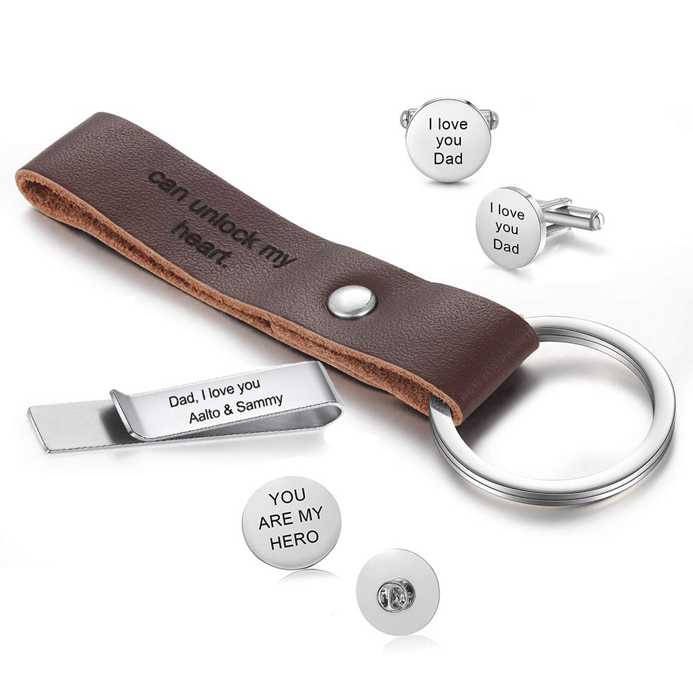 Personalized Leather Keychain Set for Men & Women - Custom Engraved Name Text Key Ring, Cufflinks & Tie Clip - Perfect Gift for Father, Grandpa, Boyfriend, Husband - Birthday, Anniversary & Special Occasion Gifts - Ideal for Car Keys, Office & Everyday Use