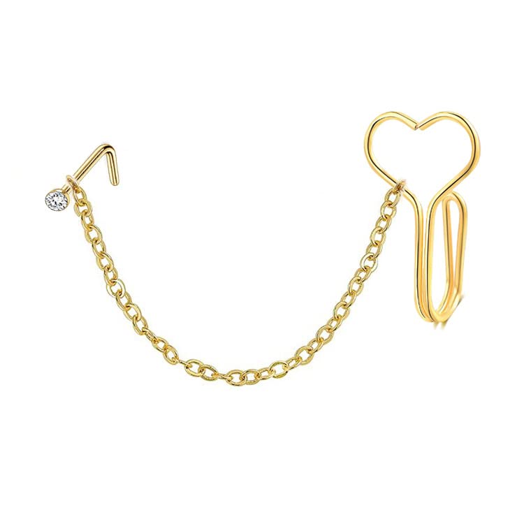 4pcs African Style Fake Nose Rings Set - No Piercing Septum Ring with Heart Nose Chain & CZ Crystal Studs - Clip On Body Jewelry for Women - Perfect for Parties, Cosplay and Fashion Accessories