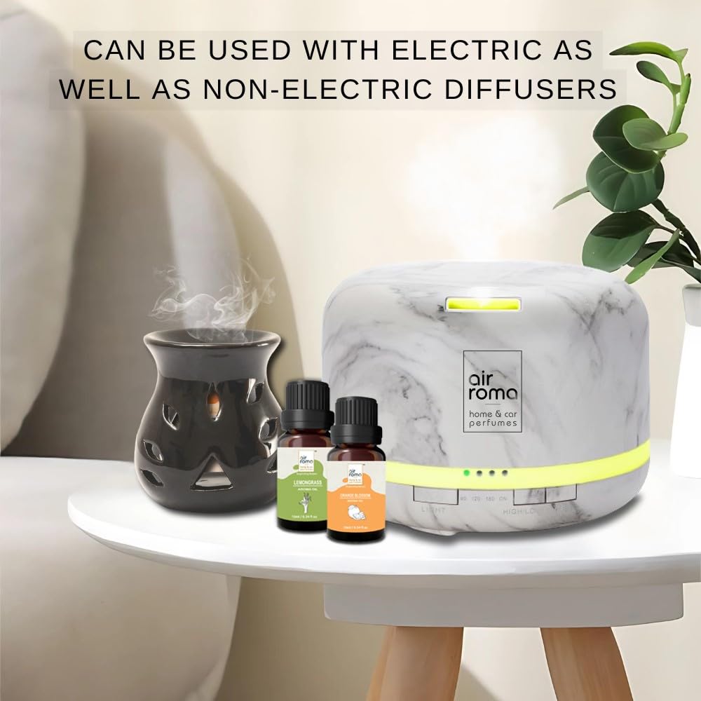 Premium AIR-ROMA Essential Oil Diffuser Set - 6 Fragrances (Lemongrass, Japanese Rose, Jasmine, Apple Spice, Ocean Breeze, Ginger Lily) 60ml Bottles for Aromatherapy, Home Relaxation, Office & Spa Use