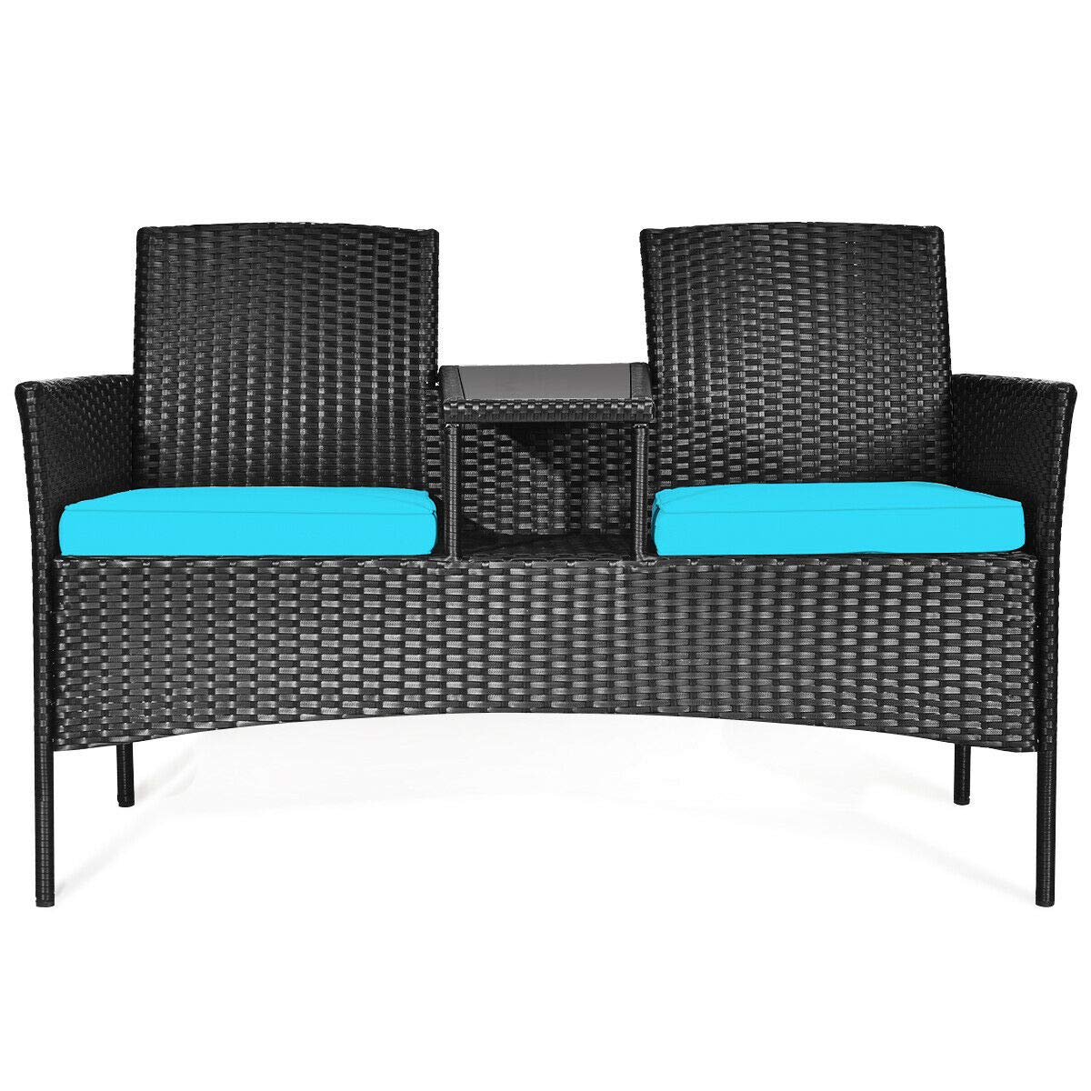 Relax4Life Outdoor Rattan Wicker Loveseat Set with Coffee Table & Removable Cushions - Patio, Garden, Balcony, Porch Furniture for Relaxing & Entertaining (Black & Blue) - Perfect for Backyard Lounging, Poolside Chats & Summer Gatherings