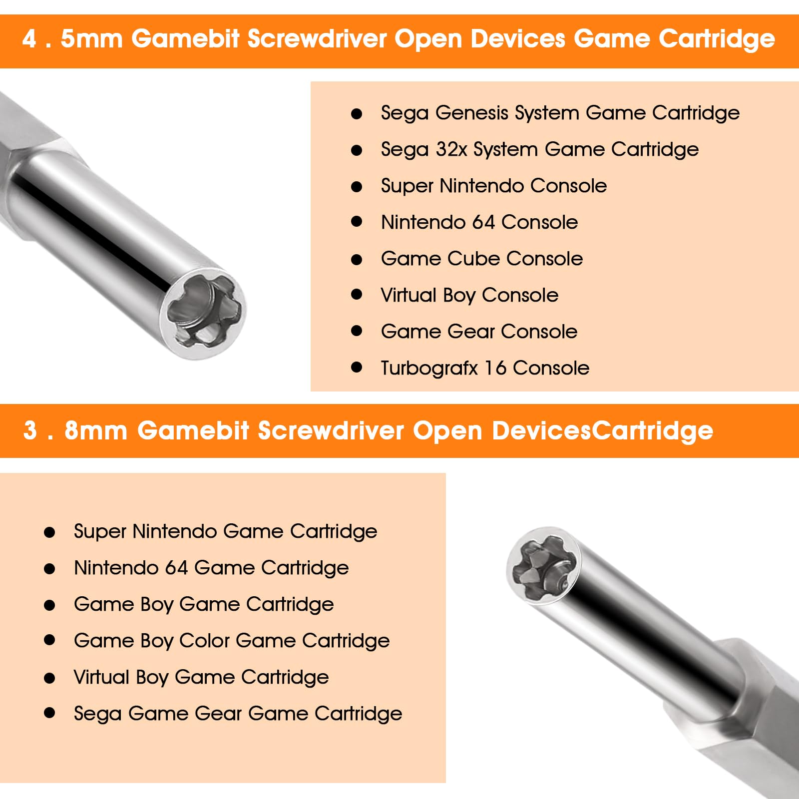 Abeillo Double-Ended Security Gamebit Screwdriver Set 3.8mm & 4.5mm - Compatible with NES, SNES, N64, Gameboy Game Cartridges (Orange) - Perfect for Retro Gaming Console Repair & Maintenance