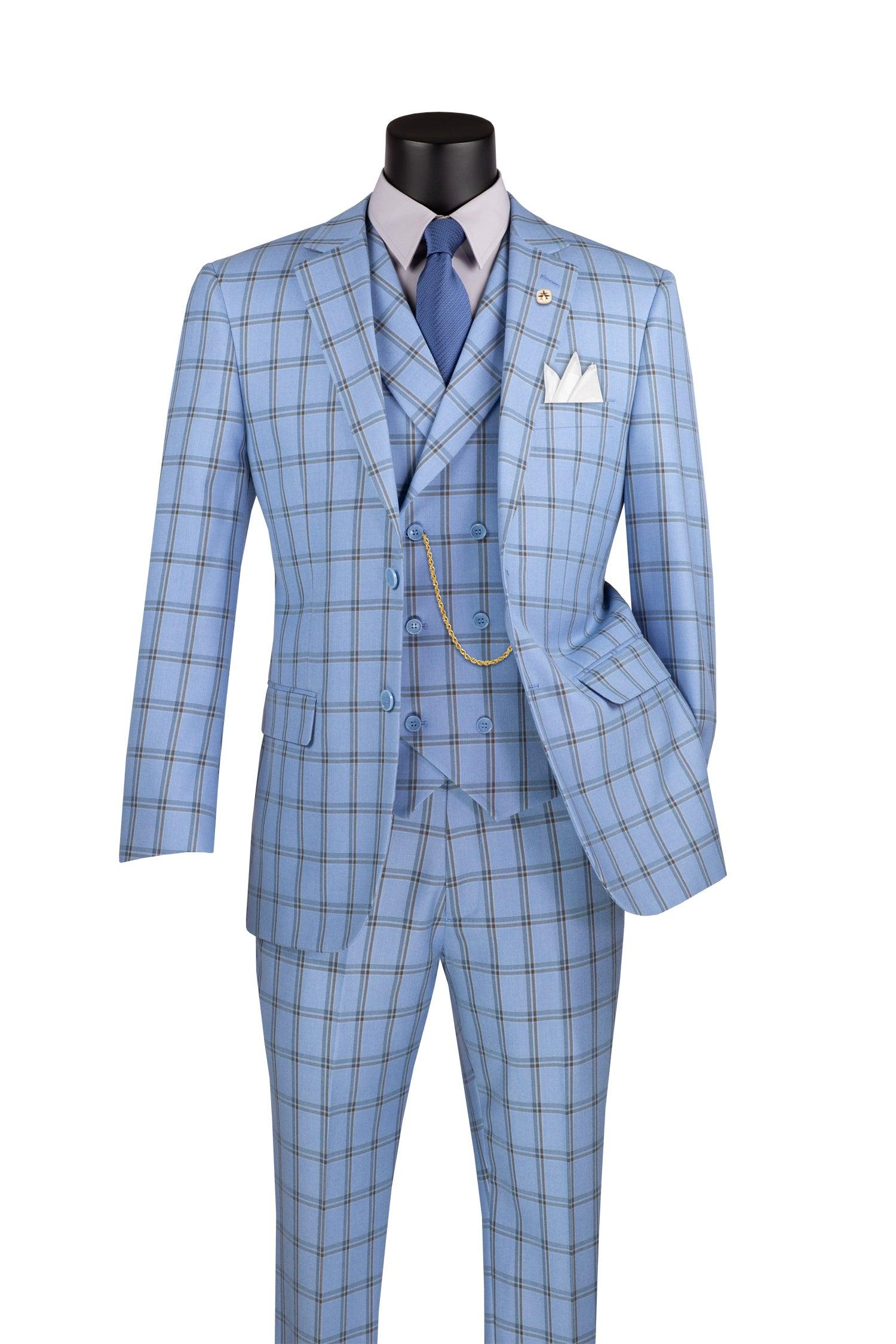 La Scale Collection Light Blue Windowpane Three-Piece Suit | Premium Men's Formal Wear for Weddings, Business Meetings & Special Occasions