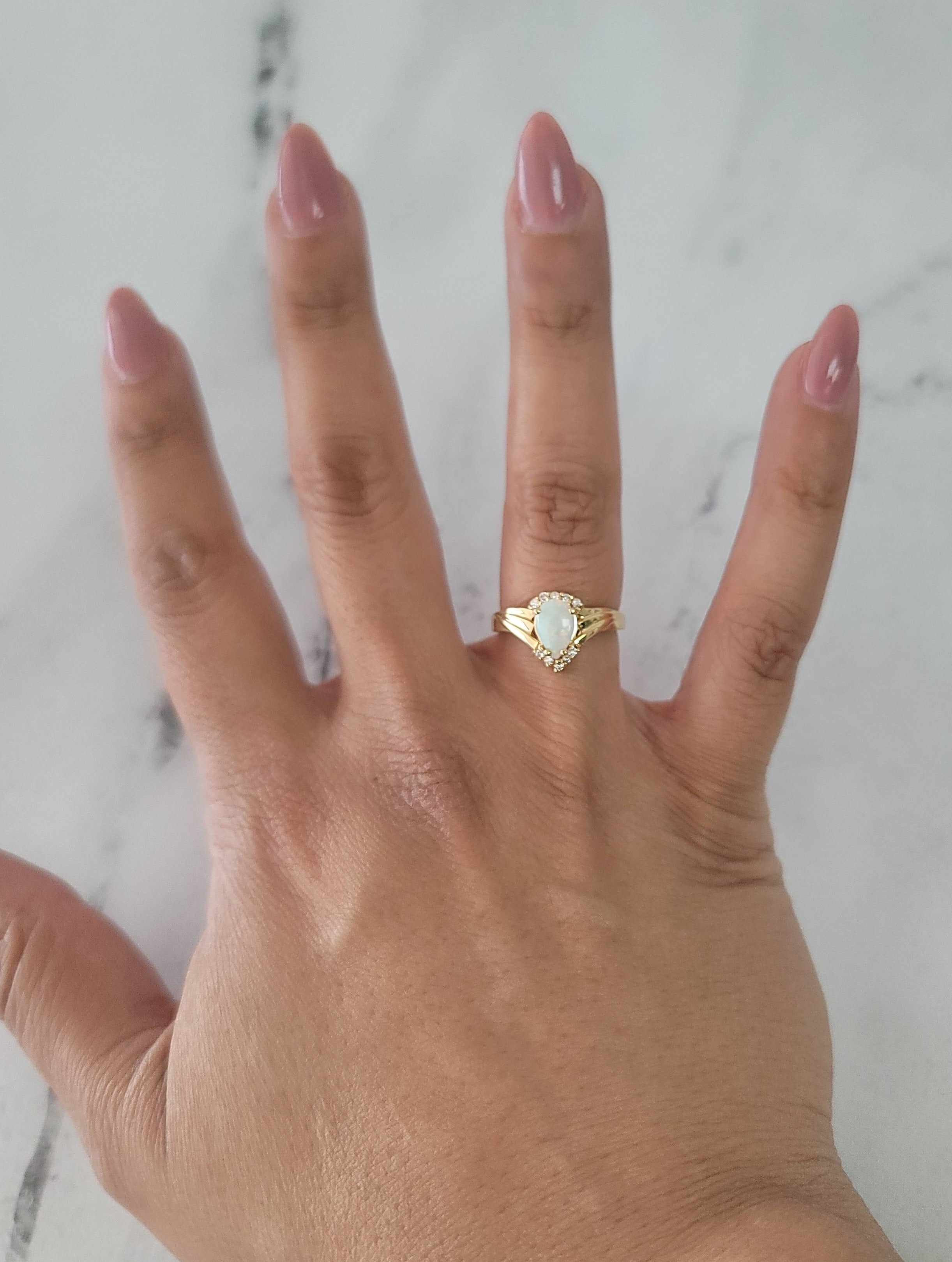 14K Yellow Gold Pear Shaped Opal Ring with Diamond Accents | Elegant Jewelry for Weddings, Anniversaries & Special Occasions