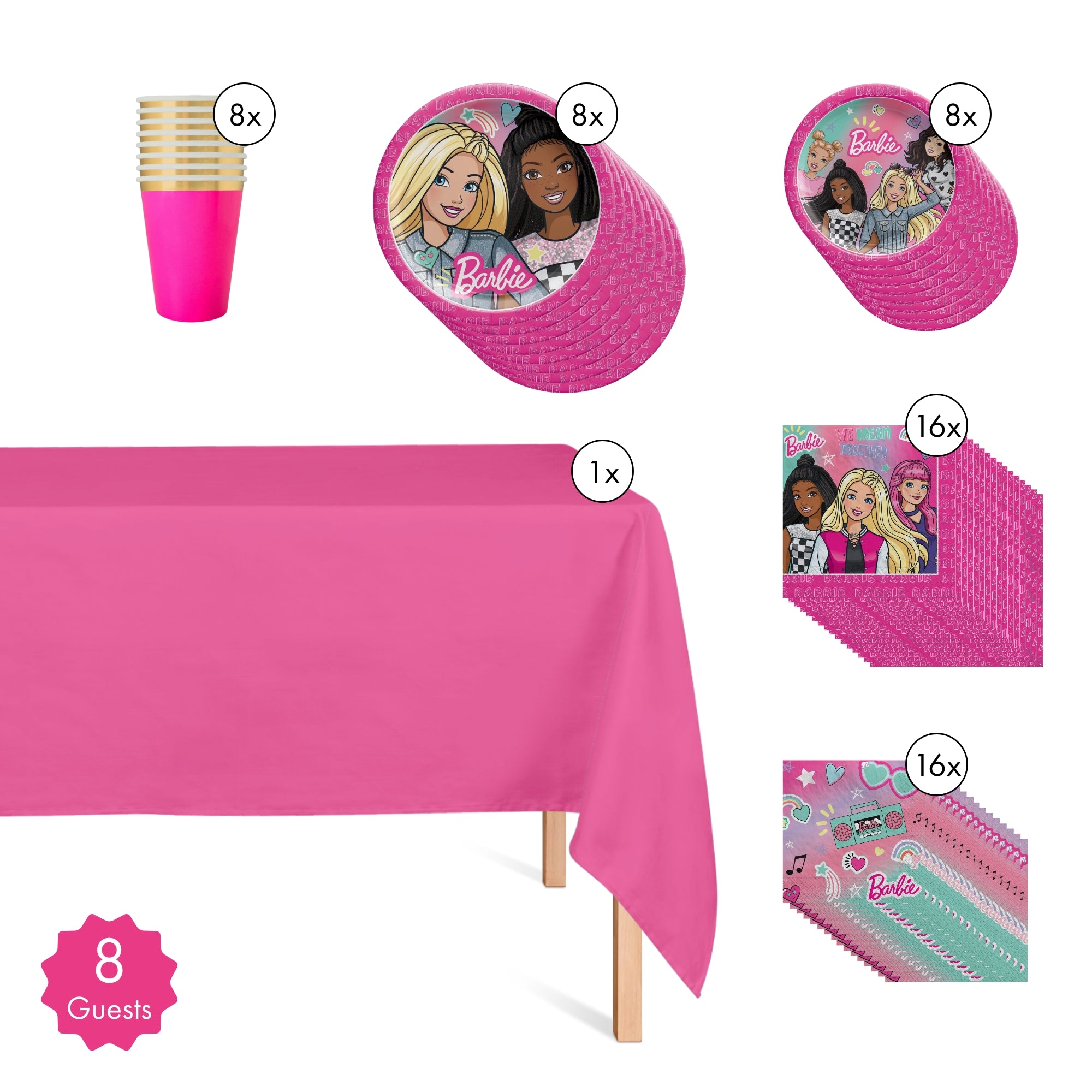 Barbie Dream Together Basic Tableware Birthday Party Supplies Kit for 8 Guests - Perfect for Kids Birthday Parties, Tea Parties & Special Celebrations