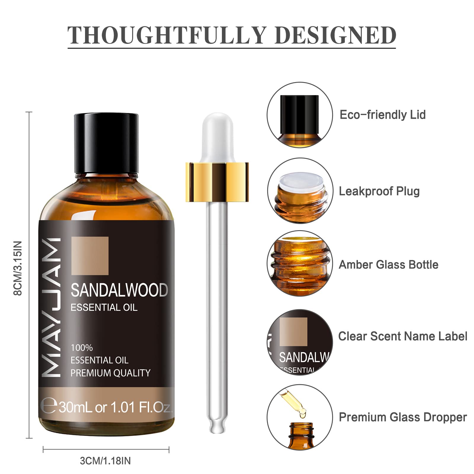 MAYJAM Premium Sandalwood Essential Oil 1.01 FL OZ (30ml) - 100% Pure Aromatherapy Oil for Diffusers, Candles, Massage, Home, Office, Car & Yoga Relaxation - Natural Stress Relief & Meditation Aid