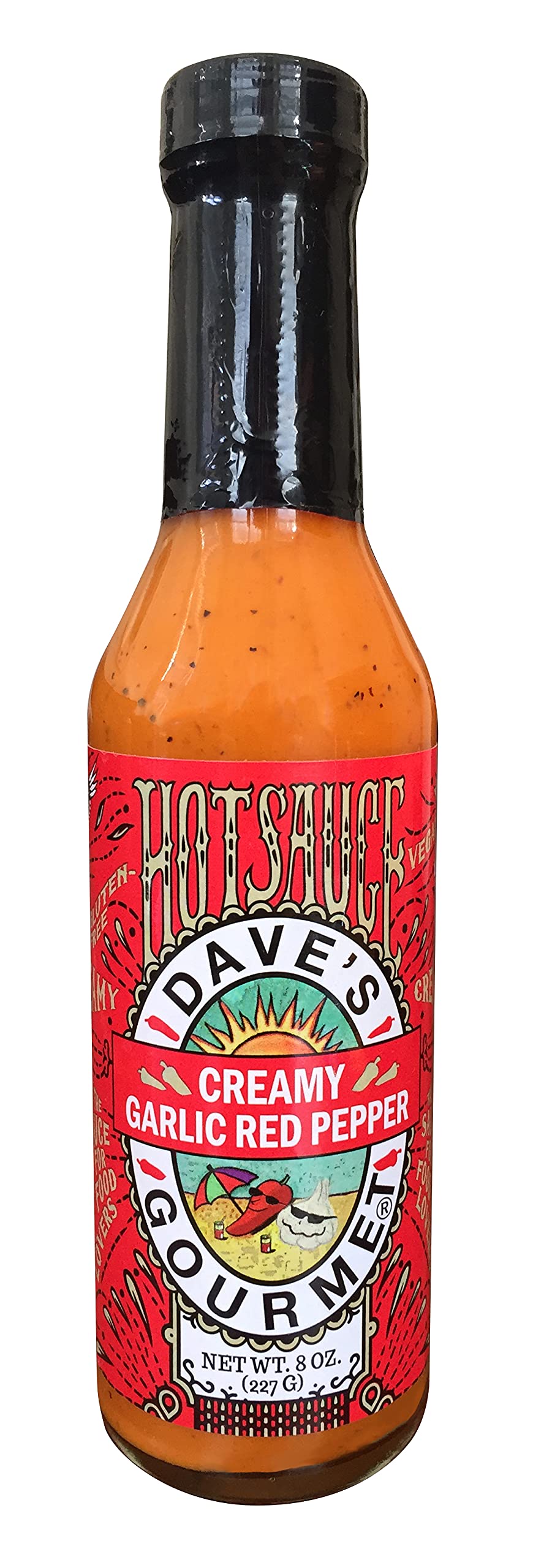 Dave's Gourmet Creamy Garlic Red Pepper Hot Sauce - 8oz Bottle | Spicy & Flavorful Condiment for Wings, Tacos, Burgers & More