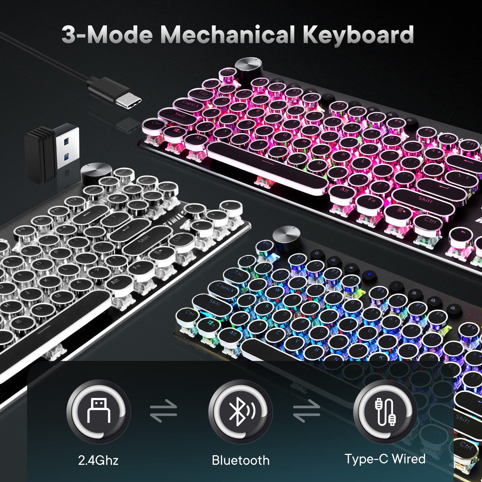 Retro Mechanical Keyboard - Wireless, RGB, Clicky Switches for Gaming & Typing