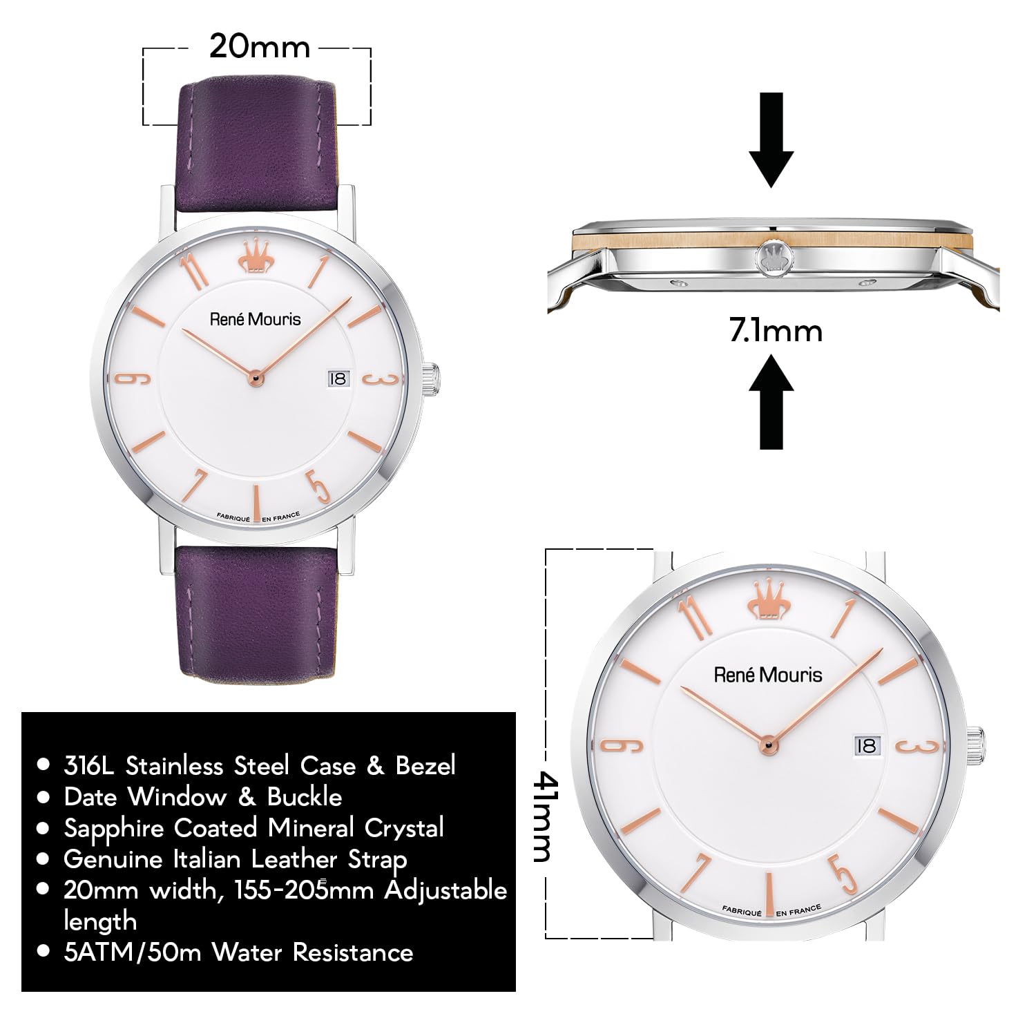 René Mouris Men's Classic Quartz Watch - 41MM 316L Stainless Steel Case, Sapphire Coated Mineral Crystal, 50M Waterproof, Italian Leather Strap - Elegant Dress Watch for Business, Office & Formal Occasions