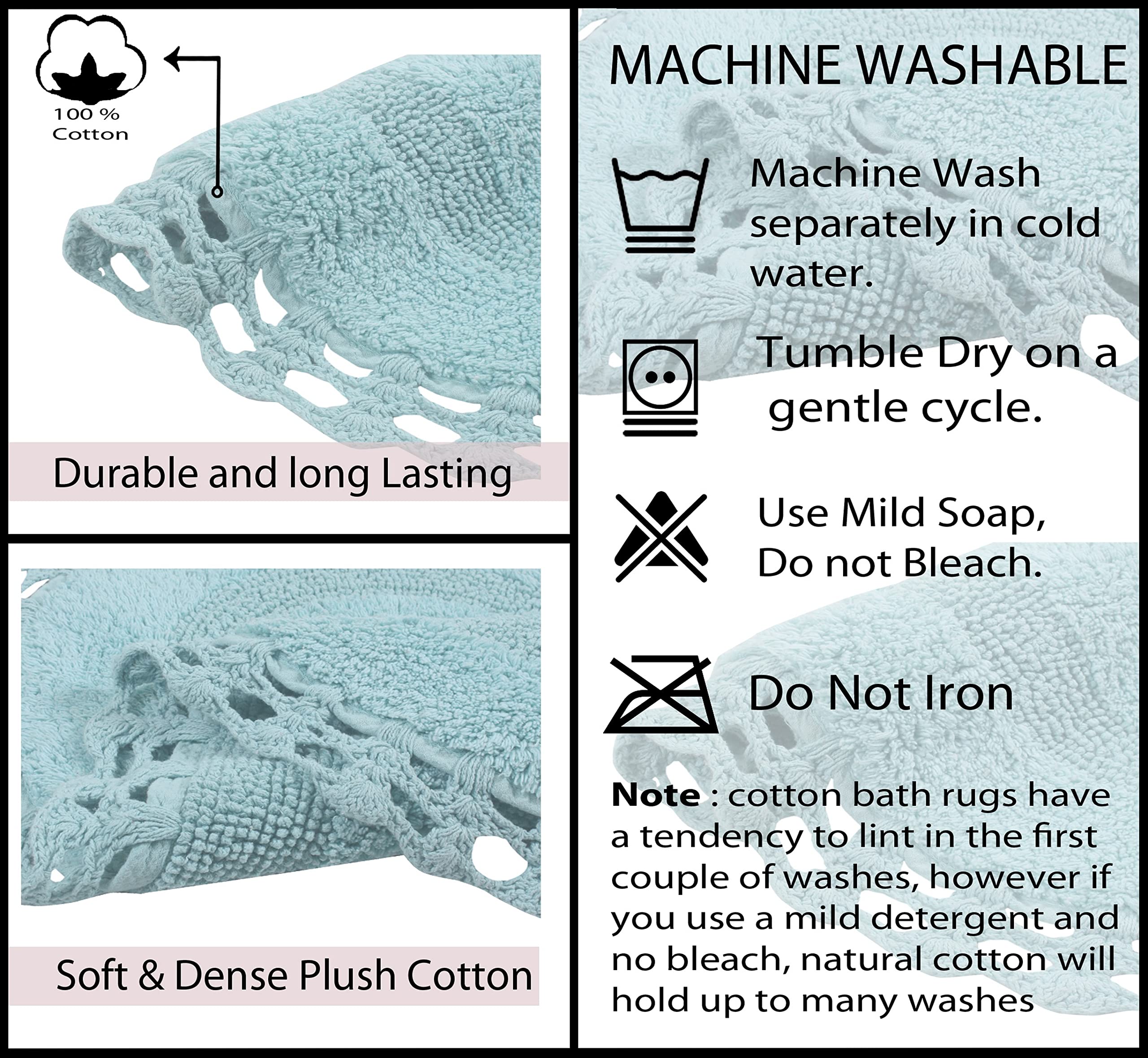 Home Weavers Hampton Crochet Reversible Bath Mat Set - 100% Cotton Washable Bathroom Rug, Ultra Soft & Absorbent Non-Slip Bath Mat for Bathroom & Kitchen, 17
