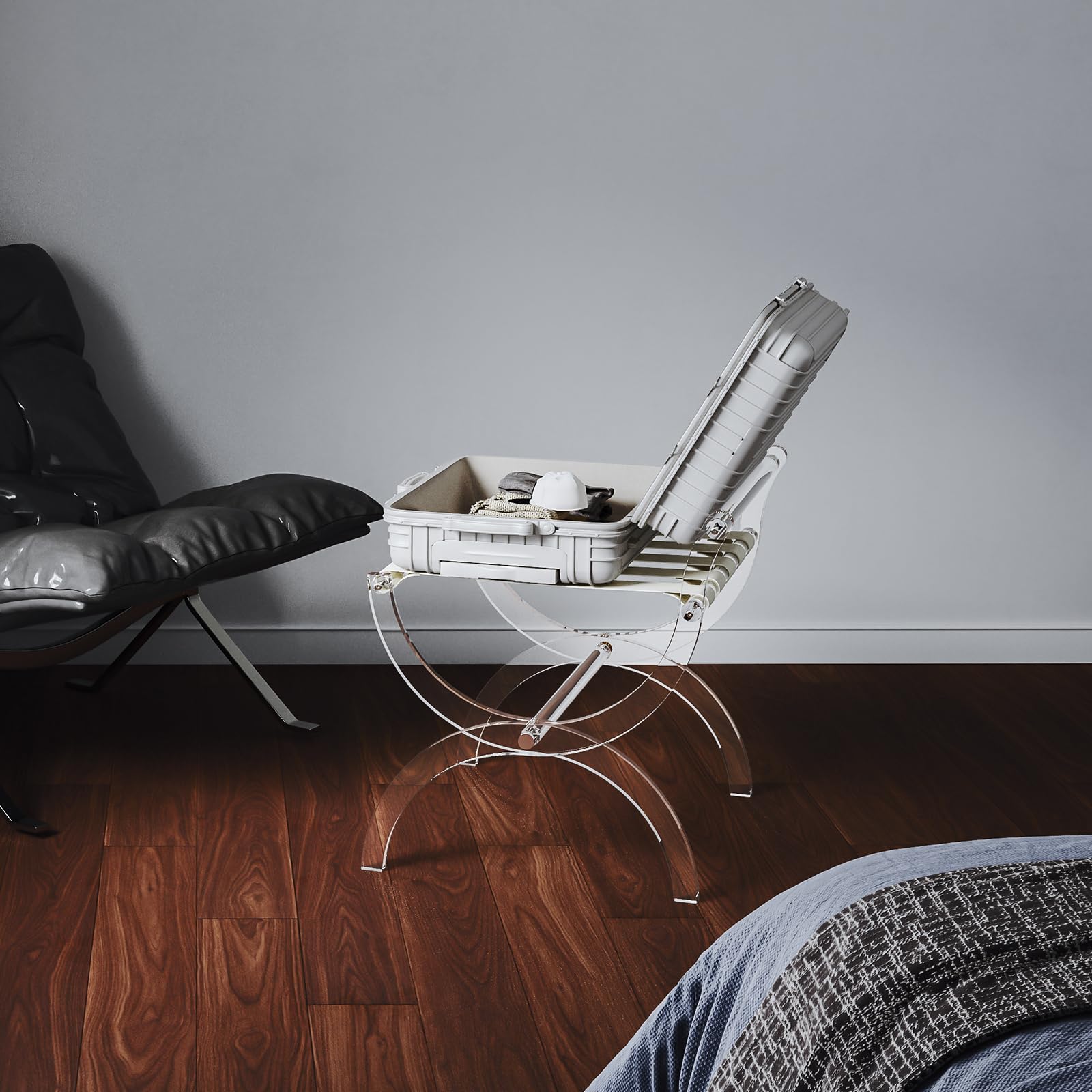 Byingo Foldable Acrylic Luggage Rack with Leather Straps - Heavy Duty Suitcase Stand Holds 50-100 lbs, High Back Support - Perfect for Bedroom, Guest Room & Hotel Use - Portable & Space Saving Travel Storage Solution