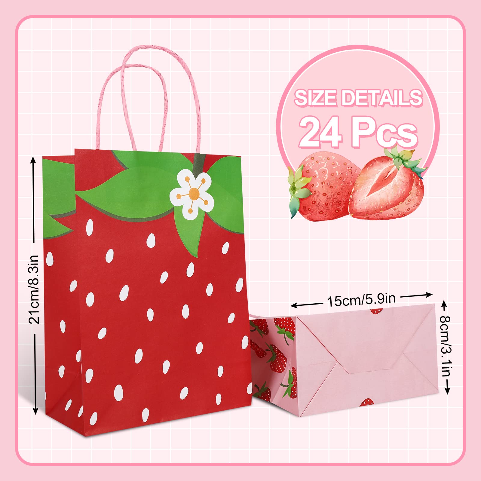 24 Pack Strawberry Gift Bags with Handles - Red & Pink Party Favor Bags for Birthday, Baby Shower, Wedding - Berry Sweet Decorative Paper Goody Bags for Candy, Treats & Small Gifts - Perfect for Party Favors, Classroom Rewards & Special Occasions