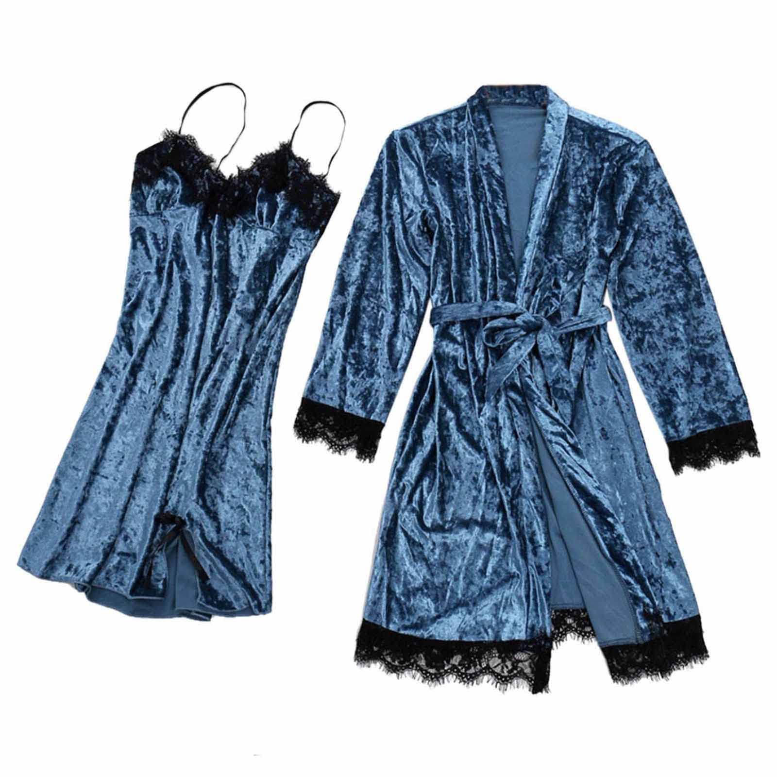 Women's Sexy Lace Trim Sleepwear Set - 2PC Velvet Cami Dress & Long Sleeve Robe Nightgown for Women, Soft Lounge Wear, Perfect Gift for Her - Ideal for Valentine's Day, Anniversary, Honeymoon & Romantic Nights